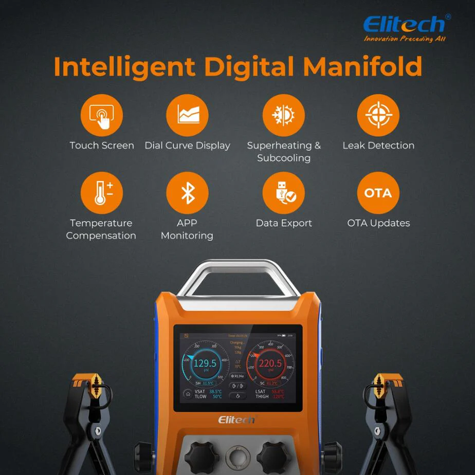 Elitech Air-Conditioning Repair Solution Pack -Dual Sensor Leak Detector IR-200+ HVAC Scale LMC-100F++ Intelligent HVAC Manifold Gauge EMG-40V+Vacuum Pump SVP-9 - Image 3