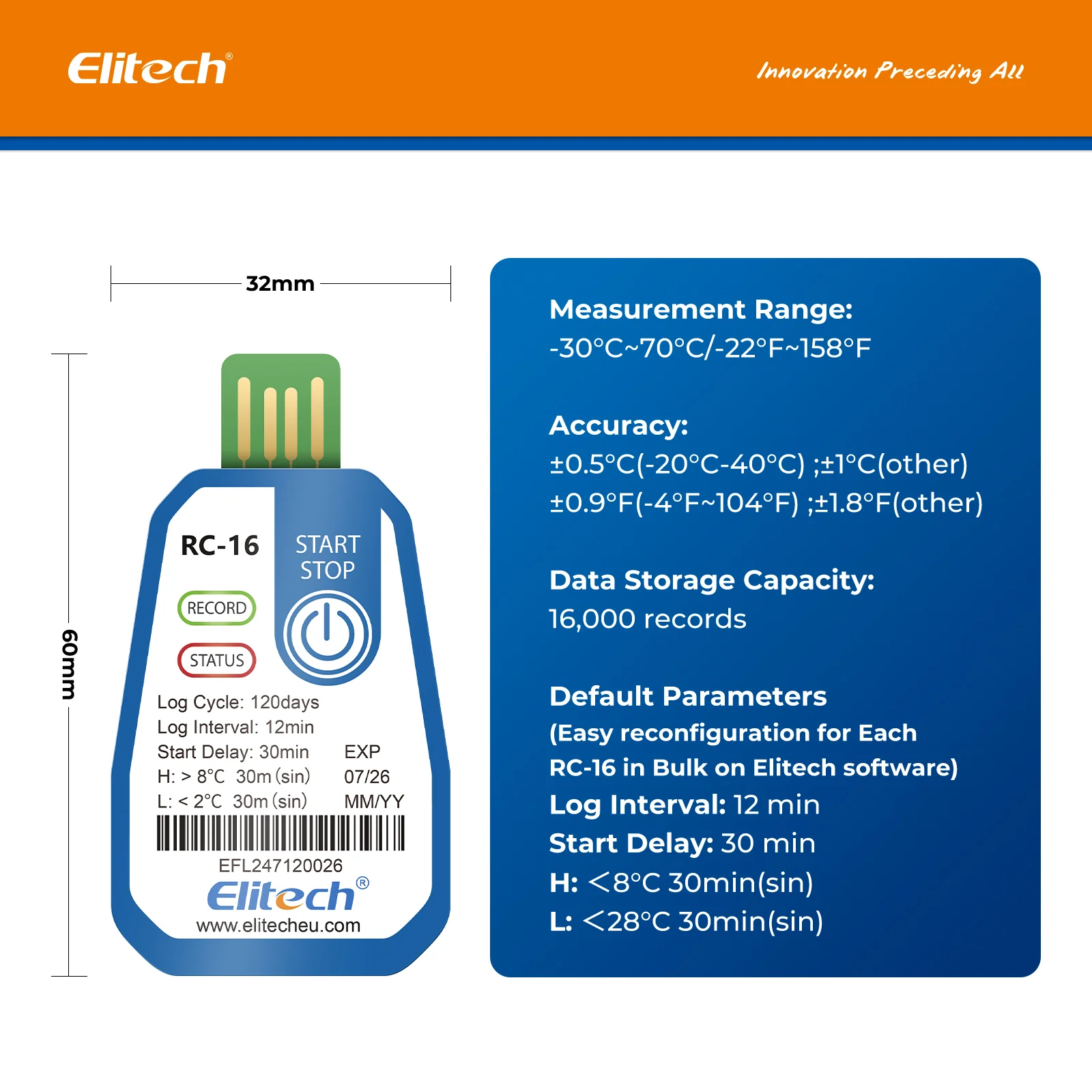 Elitech 10 Packs Temperature Data Logger USB Disposable Temperature Recorder with 16000 Points，Auto PDF CSV Reports High Accuracy 120days Single Use for Frozen Transportation Cold Chain Fresh RC-16 - Image 5