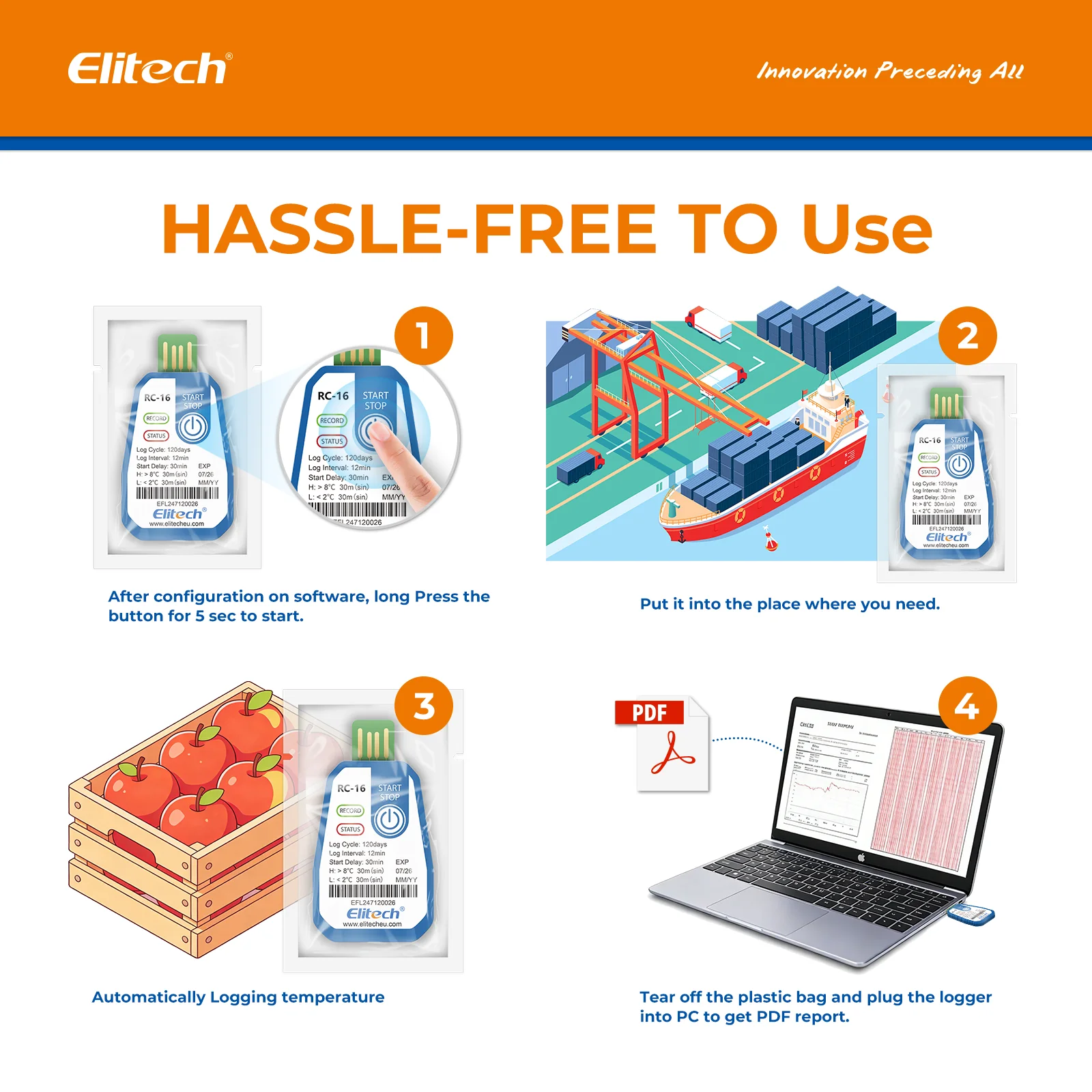 Elitech 10 Packs Temperature Data Logger USB Disposable Temperature Recorder with 16000 Points，Auto PDF CSV Reports High Accuracy 120days Single Use for Frozen Transportation Cold Chain Fresh RC-16 - Image 7