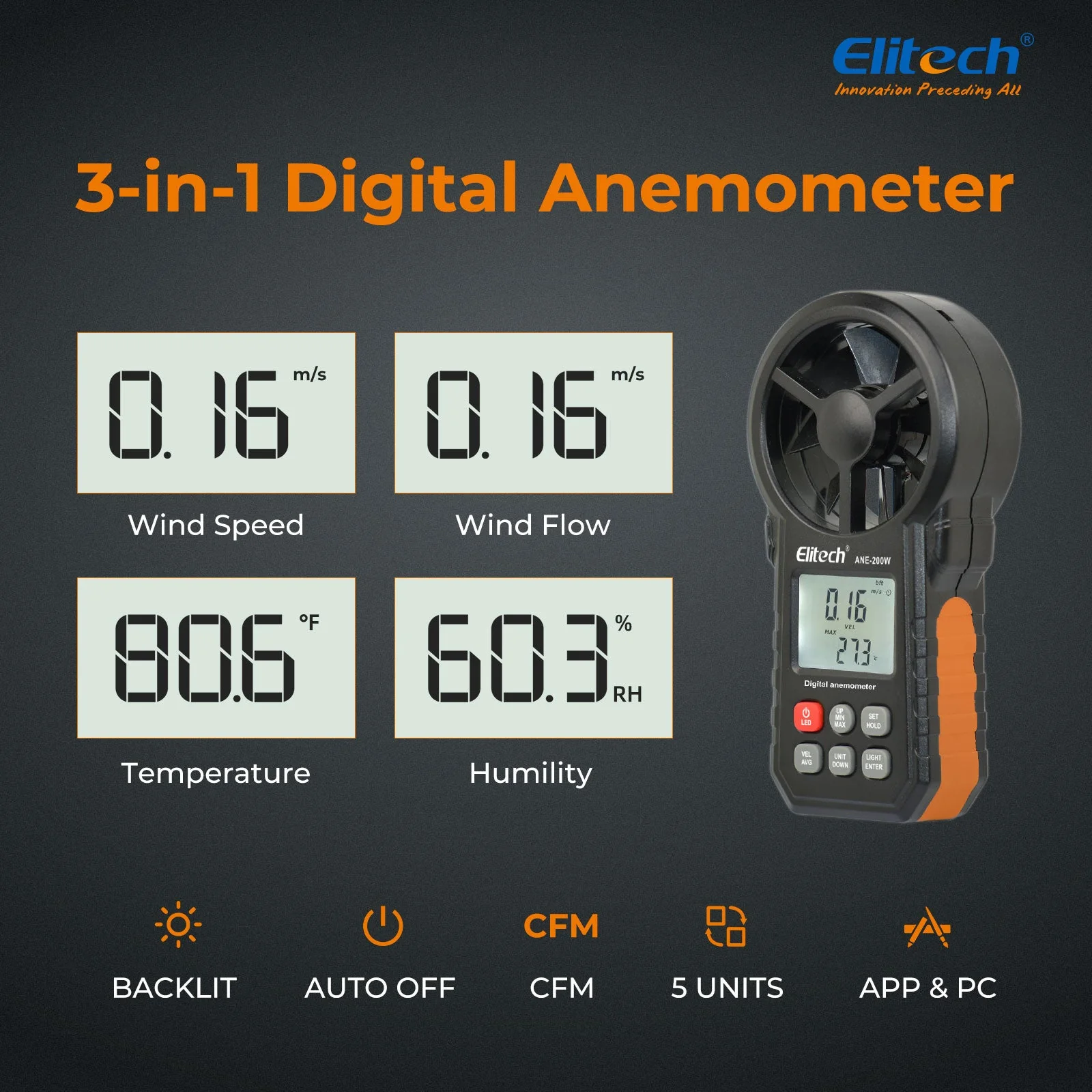 Elitech ANE-200W Bluetooth Anemometer, Digital Wind Speed Meter with Temperature and USB Data Export, CFM/CMM Air Flow Measurement, for HVAC and Environmental Testing - Image 3