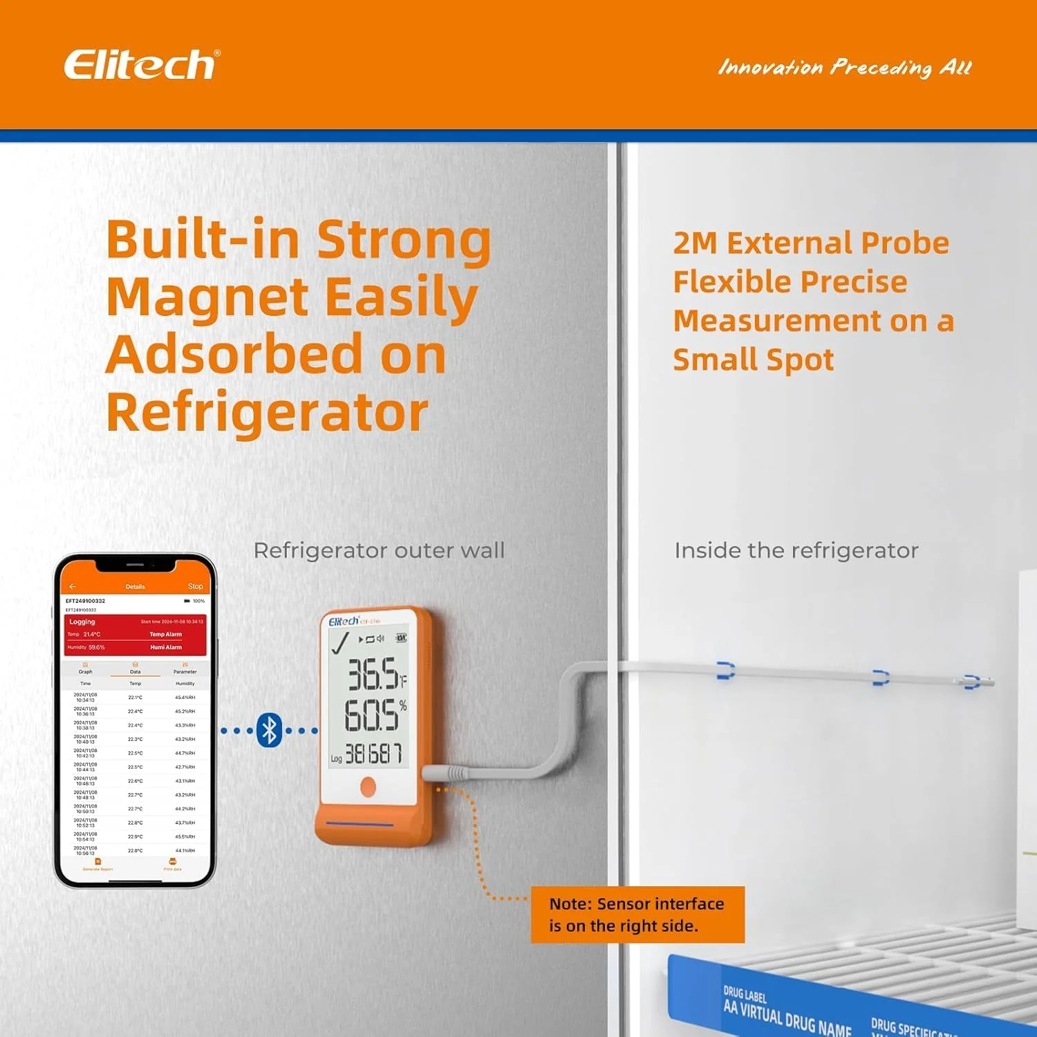 Elitech GSP-6 Bluetooth Data Logger Temperature Humidity for Refrigerator with Shadow Data 100000 Points Export PDF/CSV Report, Pharmacy Vaccine DDL Certificate, MAX MIN with Dual Probe,GSP-6Pro-TE/THE - Image 5