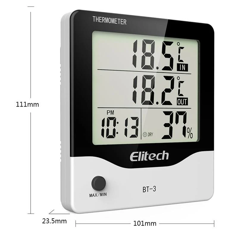 Elitech BT-3 LCD Indoor/Outdoor HVAC Digital Hygrometer Thermometer with Clock and Min/Max Value - Image 3