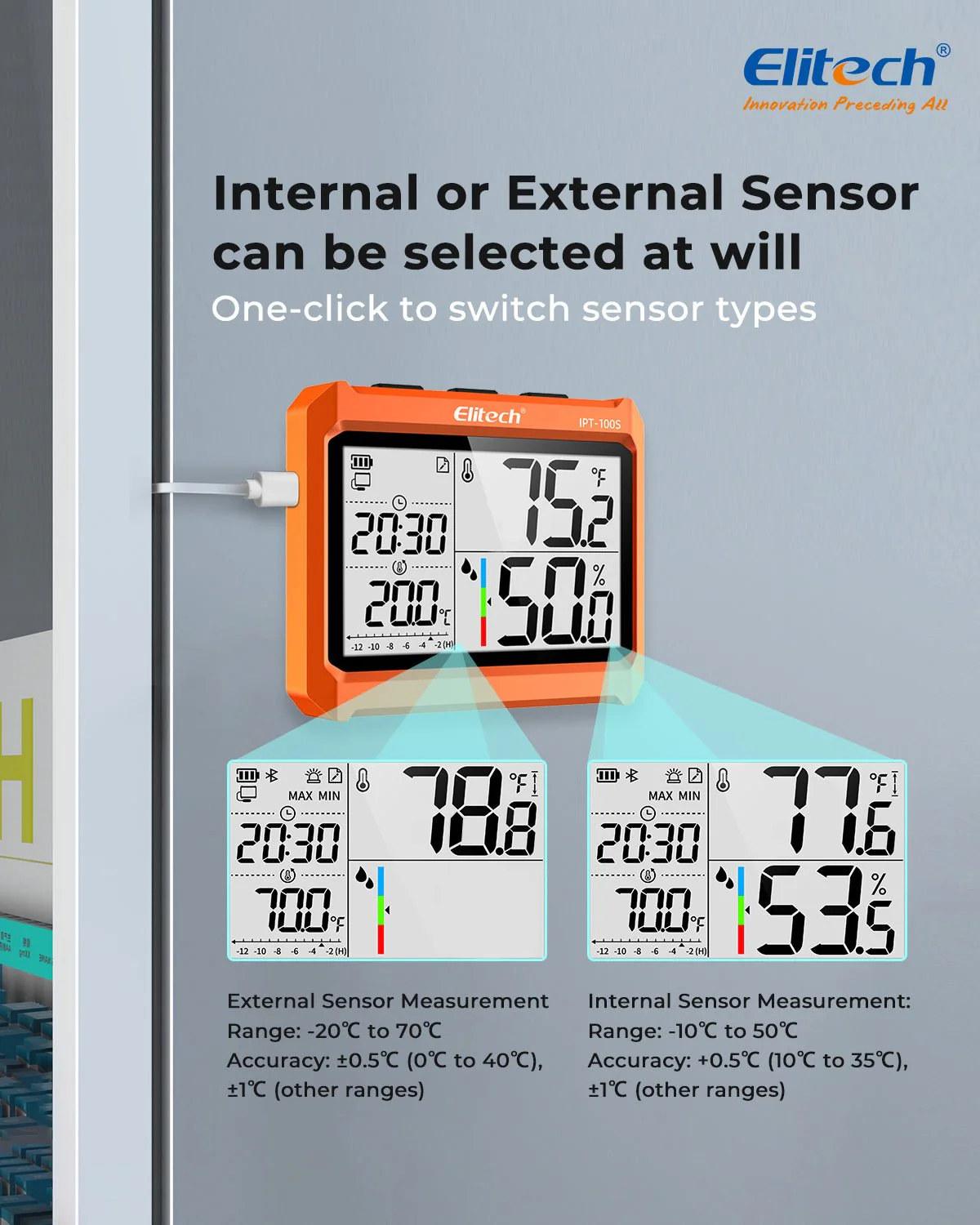 Elitech Digital Bluetooth Hygrometer Thermometer, Refrigerator Thermometer with Free APP, Real-Time Temperature Humidity Monitor with 4.5" Screen, PDF&CSV Data Export, IPT-100S with External Probe - Image 3