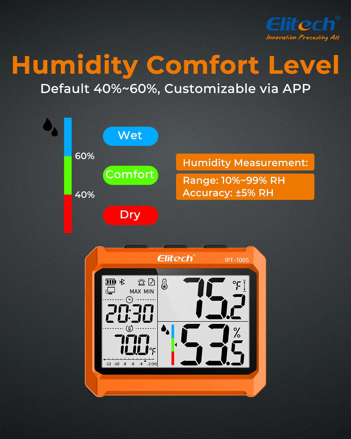 Elitech Digital Bluetooth Hygrometer Thermometer, Refrigerator Thermometer with Free APP, Real-Time Temperature Humidity Monitor with 4.5" Screen, PDF&CSV Data Export, IPT-100S with External Probe - Image 4