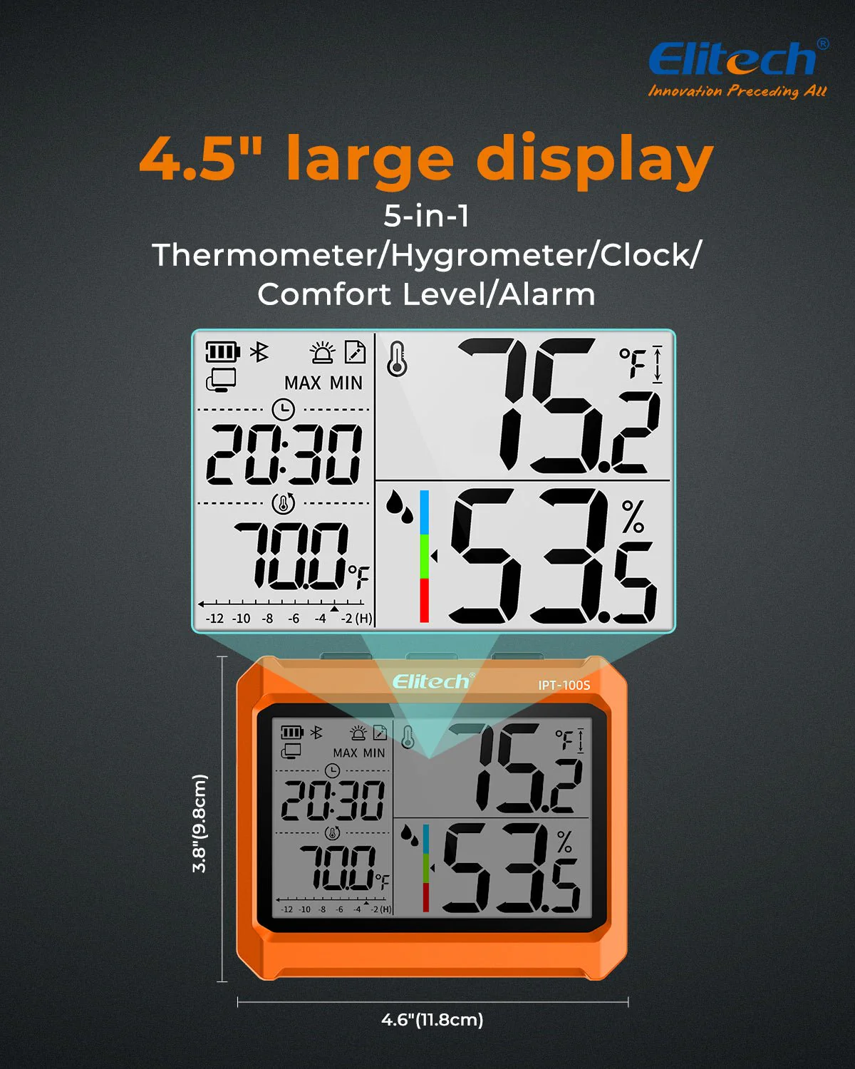 Elitech Digital Bluetooth Hygrometer Thermometer, Refrigerator Thermometer with Free APP, Real-Time Temperature Humidity Monitor with 4.5" Screen, PDF&CSV Data Export, IPT-100S with External Probe - Image 9
