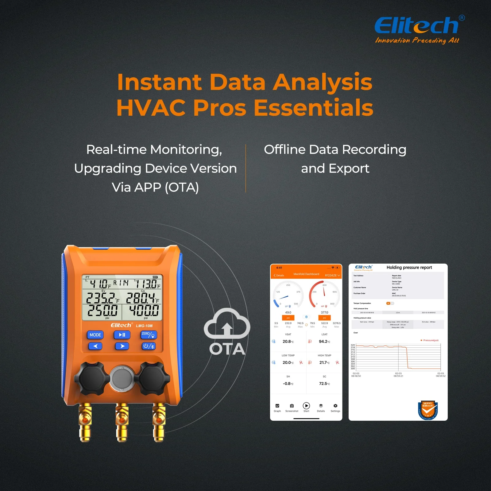 Elitech Digital Manifold Gauge 2-way Valve AC Gauges App Control with Thermometer Clamps for HVAC Systems, LMG-10W - Image 4