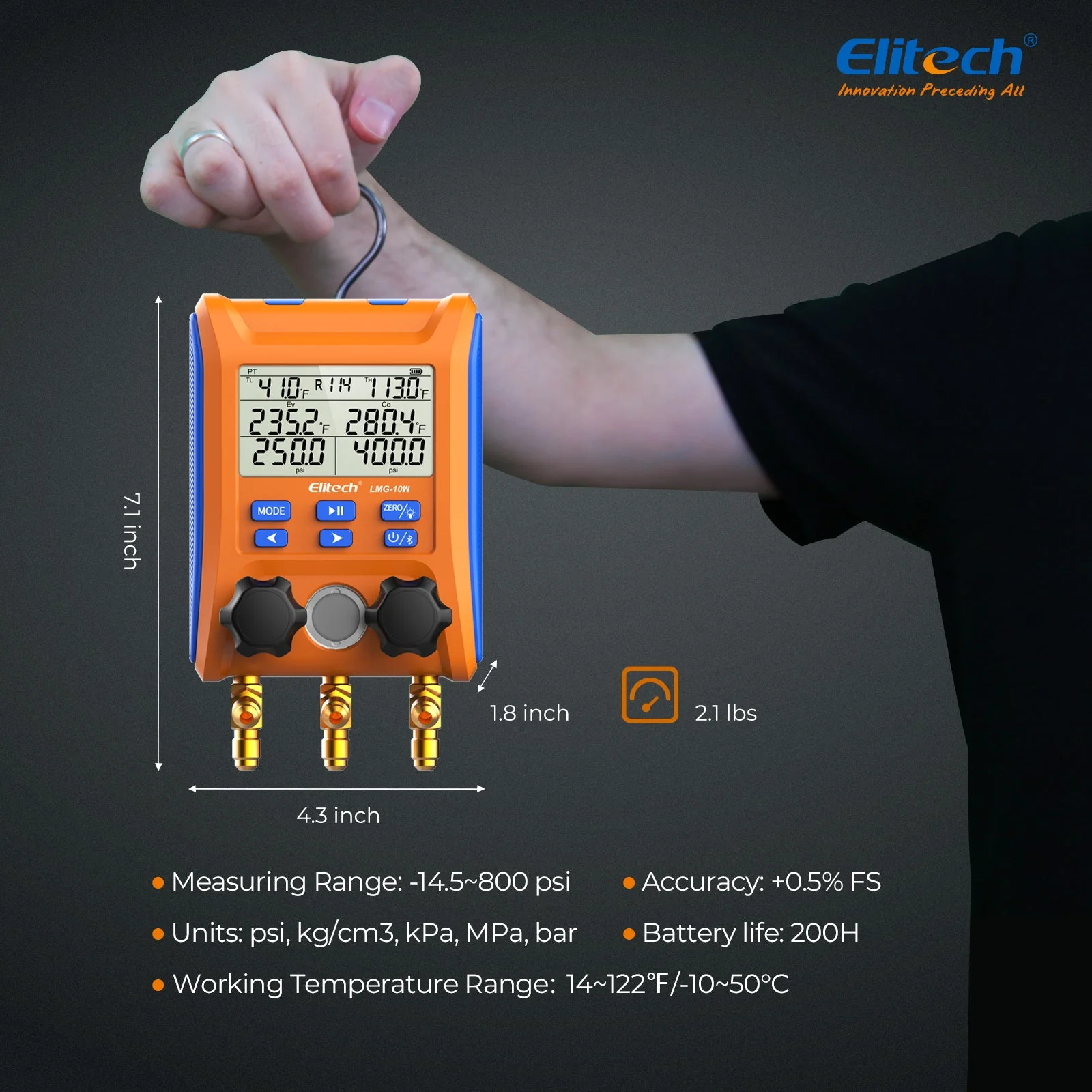 Elitech Digital Manifold Gauge 2-way Valve AC Gauges App Control with Thermometer Clamps for HVAC Systems, LMG-10W - Image 6