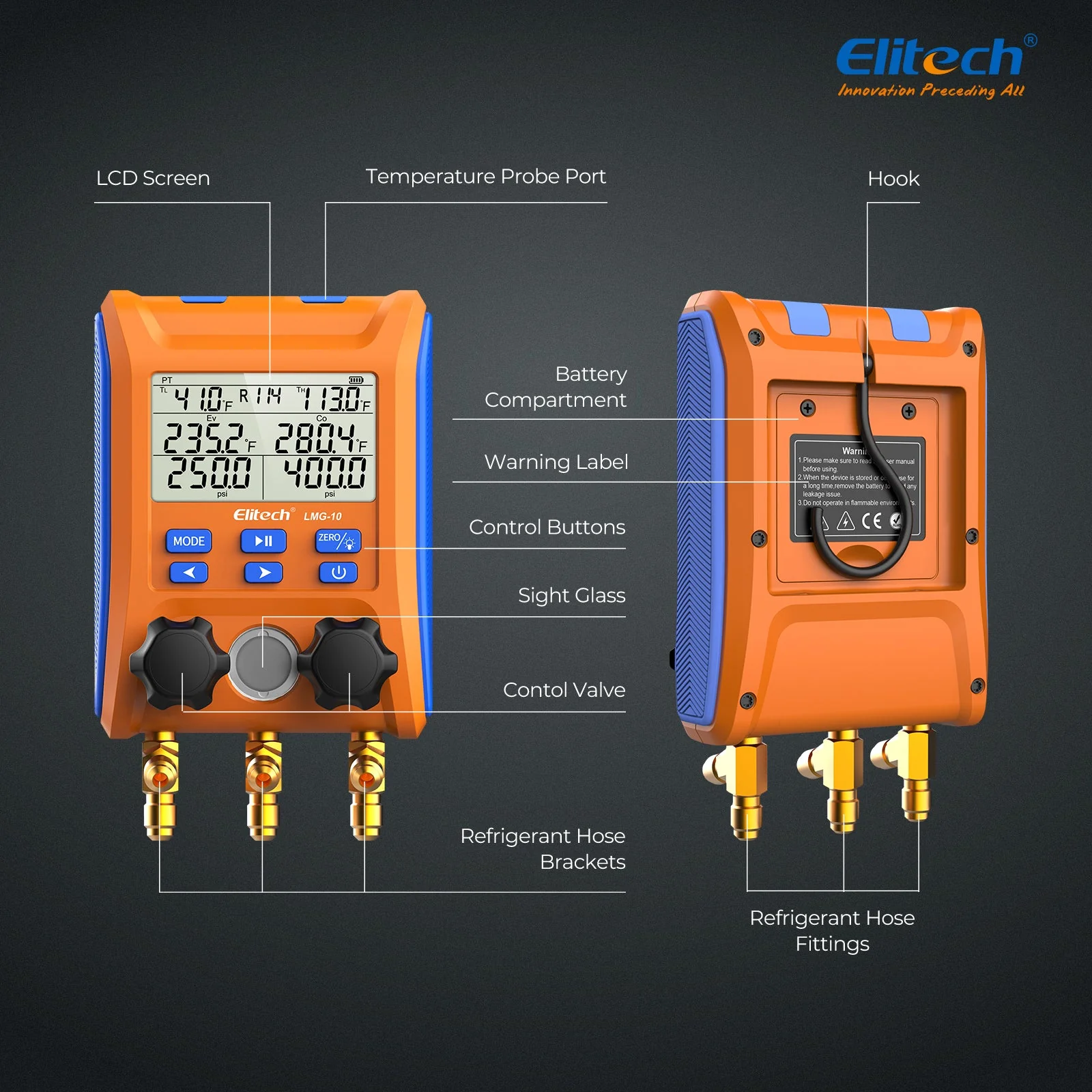 Elitech Digital Manifold Gauge 2-Way Valve with Thermometer Clamps for HVAC Systems, LMG-10Plus - Image 9