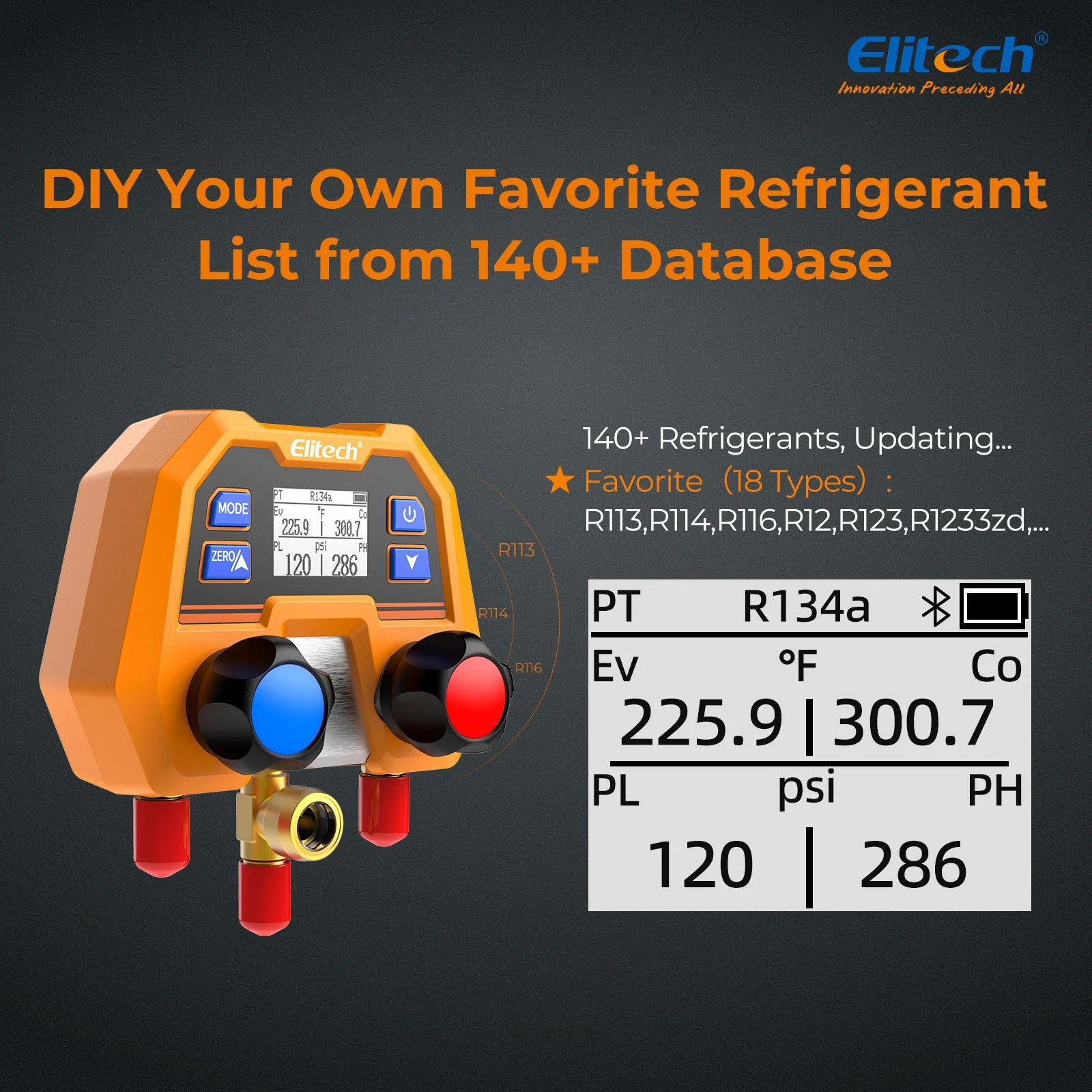 Elitech Digital Manifold Gauge for HVAC, Refrigeration & AC Systems – Pressure & Temperature Measurement, LCD Display, DMG-2SE - Image 4