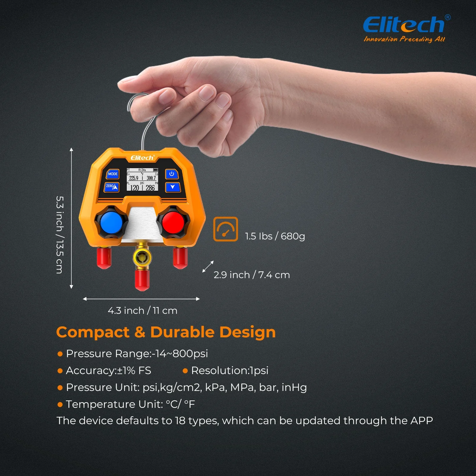 Elitech Digital Manifold Gauge for HVAC, Refrigeration & AC Systems – Pressure & Temperature Measurement, LCD Display, DMG-2SE - Image 6