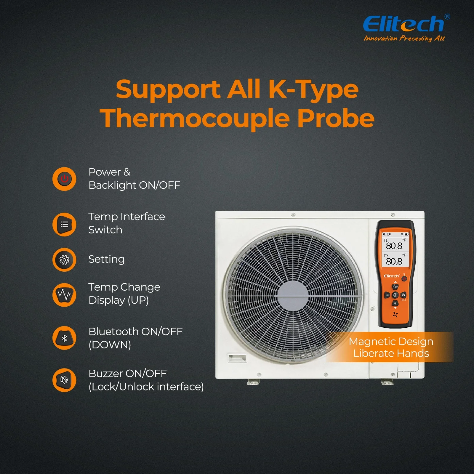 Elitech HVAC Dual Digital Thermocouple Temperature Thermometer with 2 K-Type Thermocouple Probe, Wide Range -58~932°F, 2 K-Type Thermocouples Measurement -58 to 482°F, ICT-220 - Image 6