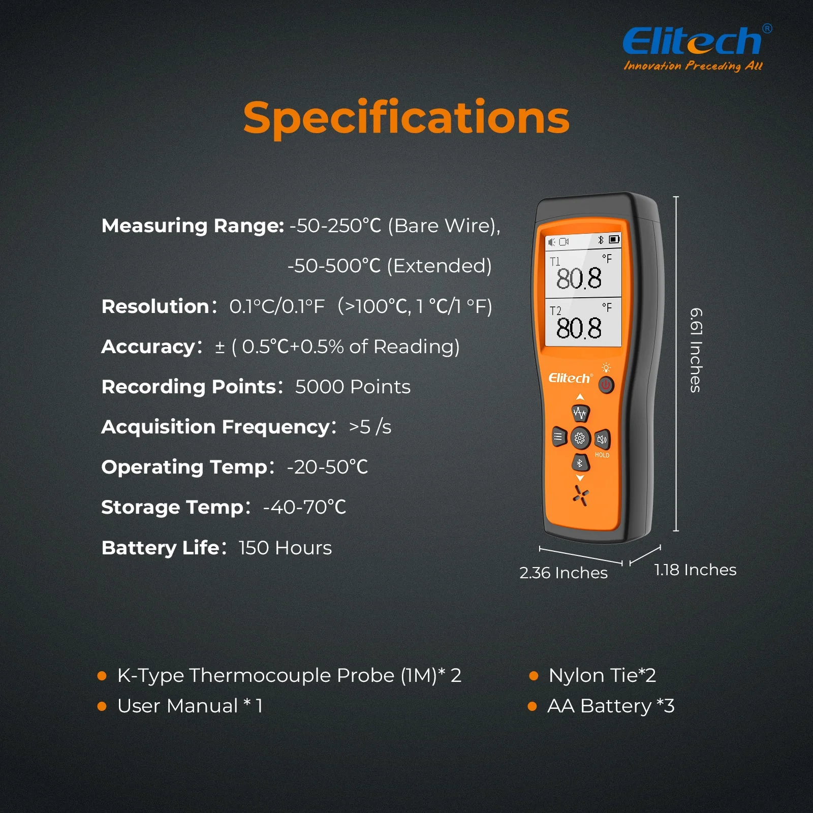 Elitech HVAC Dual Digital Thermocouple Temperature Thermometer with 2 K-Type Thermocouple Probe, Wide Range -58~932°F, 2 K-Type Thermocouples Measurement -58 to 482°F, ICT-220 - Image 7