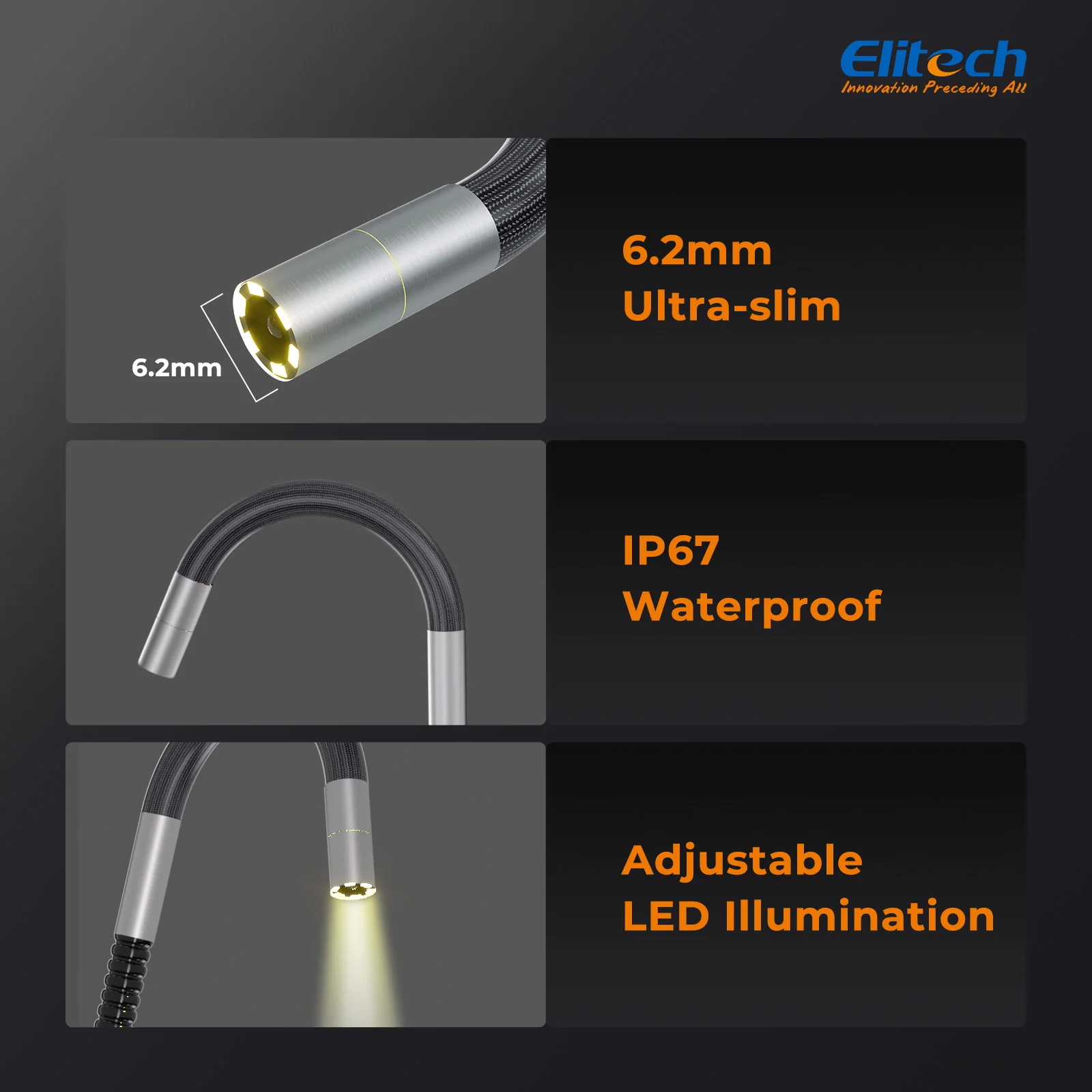 Elitech ELS-240 Articulating Borescope Inspection Camera, Two-Way 180° Steering Endoscope with 4.3" IPS Screen, 6.2mm IP67 Waterproof Probe, 720P HD Industrial Scope for Automotive Mechanics - 1m - Image 3