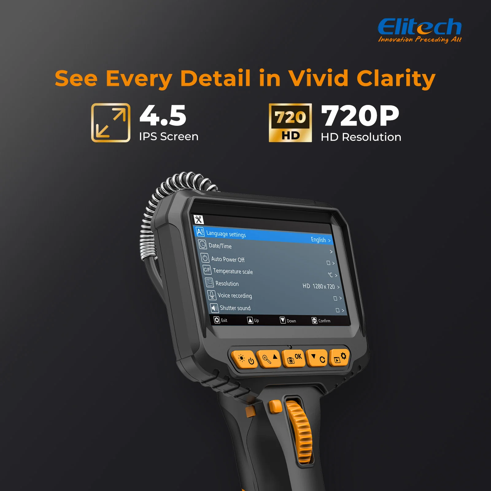 Elitech ELS-240 Articulating Borescope Inspection Camera, Two-Way 180° Steering Endoscope with 4.3" IPS Screen, 6.2mm IP67 Waterproof Probe, 720P HD Industrial Scope for Automotive Mechanics - 1m - Image 4