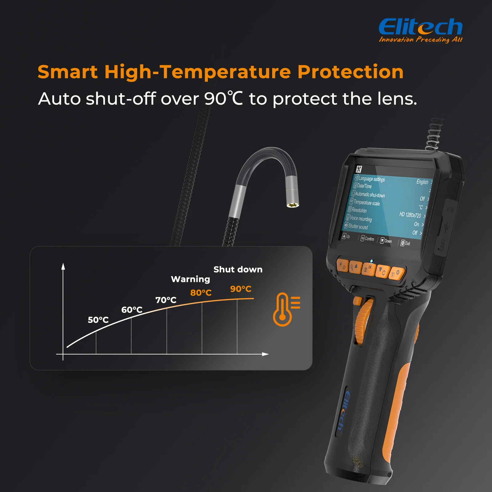 Elitech ELS-240 Articulating Borescope Inspection Camera, Two-Way 180° Steering Endoscope with 4.3" IPS Screen, 6.2mm IP67 Waterproof Probe, 720P HD Industrial Scope for Automotive Mechanics - 1m - Image 5