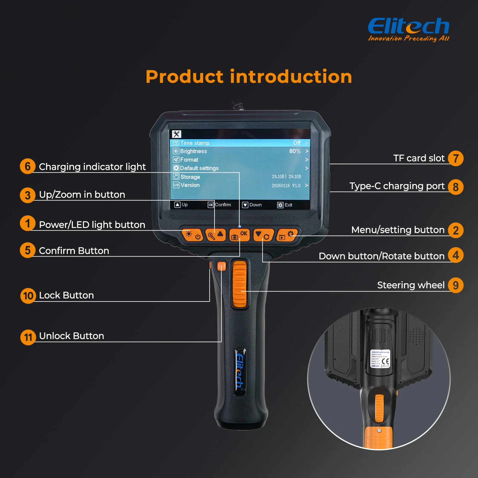 Elitech ELS-240 Articulating Borescope Inspection Camera, Two-Way 180° Steering Endoscope with 4.3" IPS Screen, 6.2mm IP67 Waterproof Probe, 720P HD Industrial Scope for Automotive Mechanics - 1m - Image 6