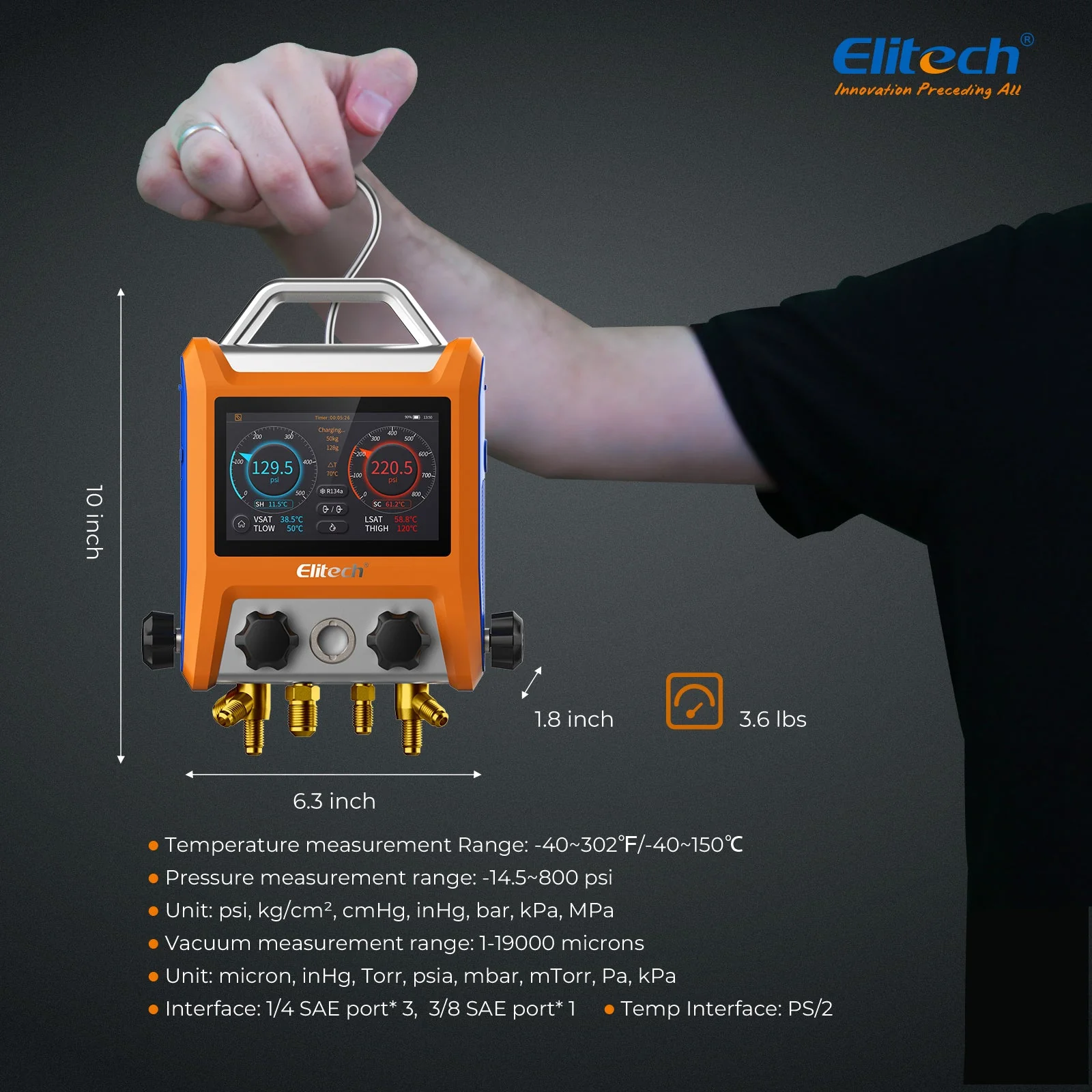 Elitech EMG-40V Intelligent HVAC Digital Manifold Gauge 4-Way Valve with Micron Gauge Transmitter - Image 6