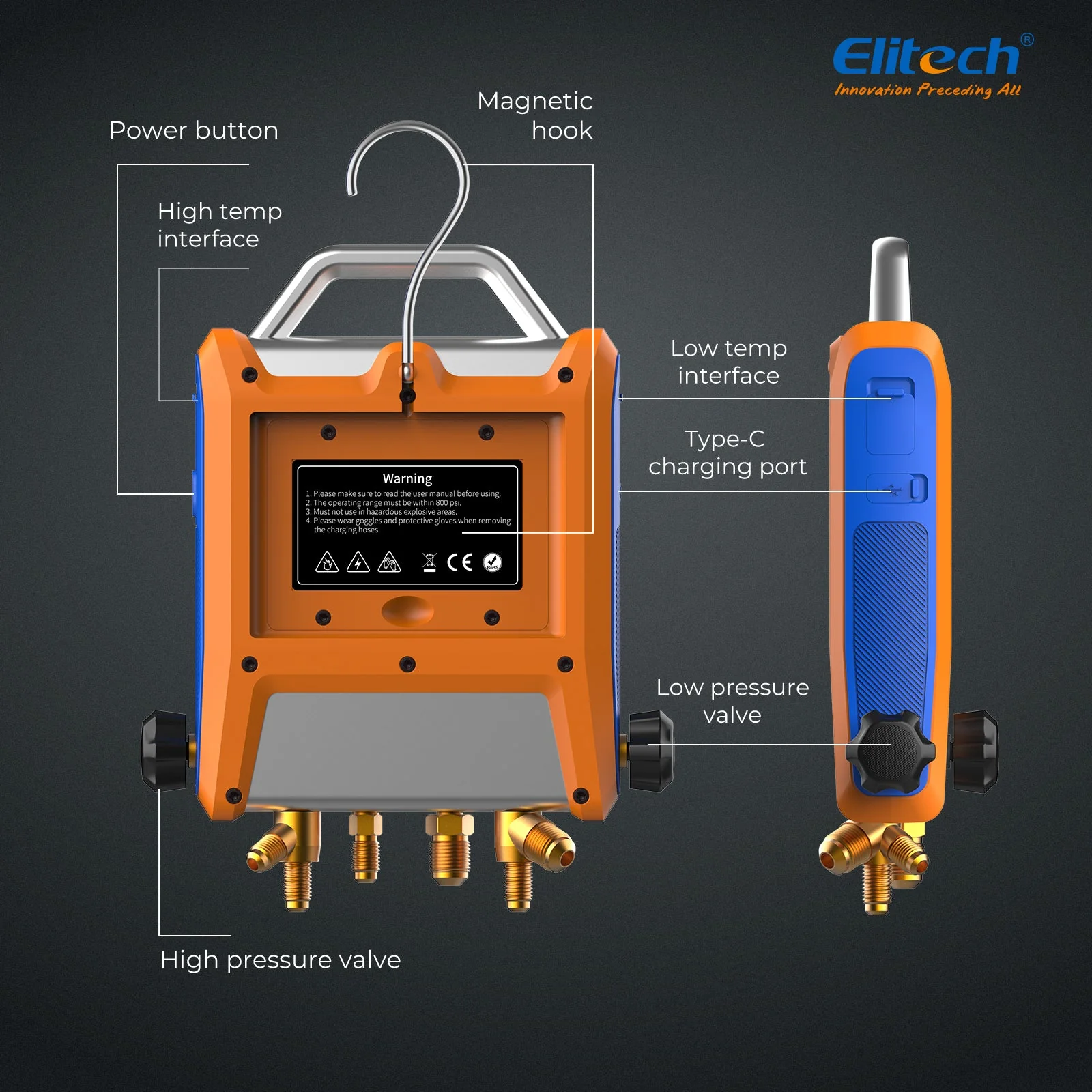 Elitech EMG-40V Intelligent HVAC Digital Manifold Gauge 4-Way Valve with Micron Gauge Transmitter - Image 7