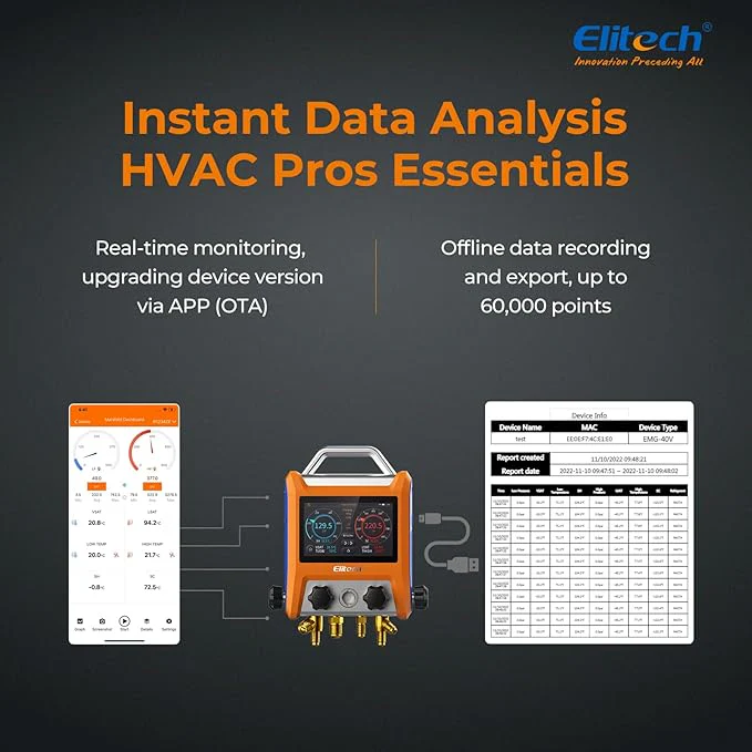 Elitech Digital 4 Valve Manifold Gauge HVAC with Refrigerant Hoses, Vacuum Gauge Micron Gauge, Thermometer Clamps, OTA Upgrade, Wireless APP Control, EMG-40VPro - Image 3