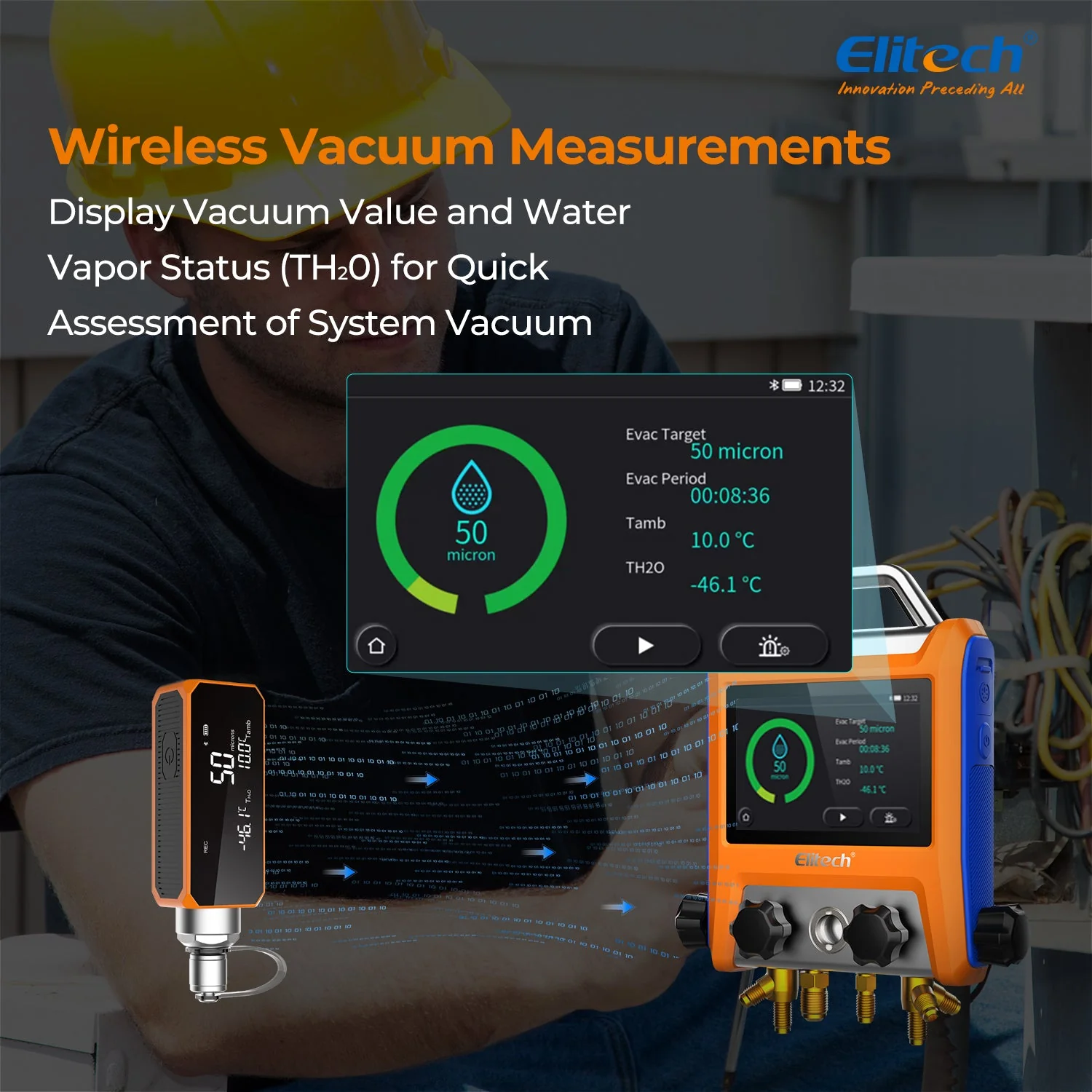 Elitech Digital 4 Valve Manifold Gauge HVAC with Refrigerant Hoses, Vacuum Gauge Micron Gauge, Thermometer Clamps, OTA Upgrade, Wireless APP Control, EMG-40VPro - Image 4
