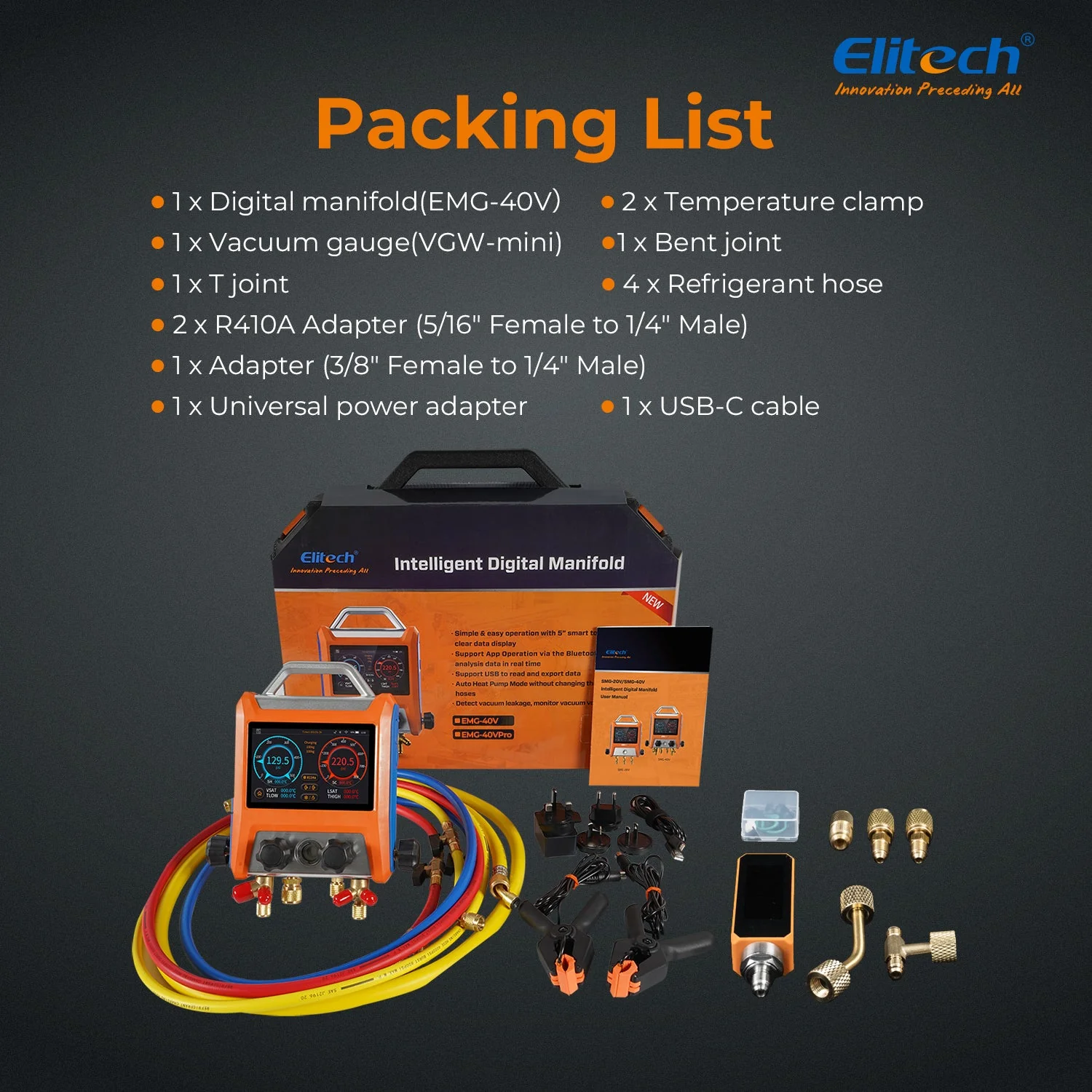 Elitech Digital 4 Valve Manifold Gauge HVAC with Refrigerant Hoses, Vacuum Gauge Micron Gauge, Thermometer Clamps, OTA Upgrade, Wireless APP Control, EMG-40VPro - Image 9