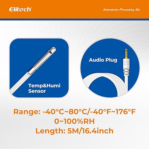 Elitech RCW-360Pro 【One Temperature and One Humidity Probe】Probe Length: 5m(16.4ft). Measuring Range: -40~80℃(-40~176℉)/ Humidity 0~100%RH, Accuracy: ±0.5℃(0.9℉)/ ±0.5%RH, TD3X-THE-R - Image 3