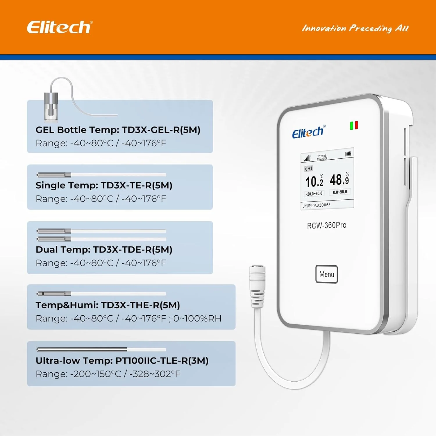 Elitech RCW-360Pro 【One Ultra-Low Temperature Probe】Probe Length: 3m(9.9ft). Measuring Range: -200~150℃(-328~302℉), Accuracy: ±0.5℃(0.9℉), PT100IIC-TLE-R - Image 4