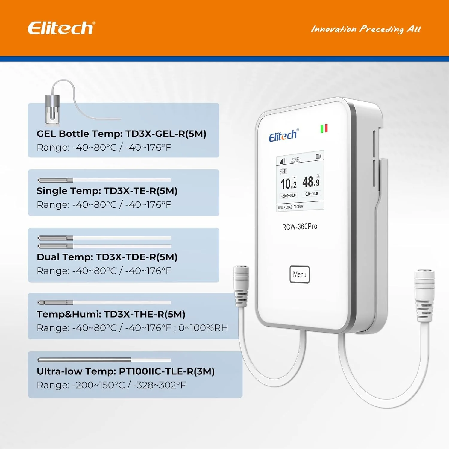 Elitech RCW-360Pro 【One Ultra-Low Temperature Probe】Probe Length: 3m(9.9ft). Measuring Range: -200~150℃(-328~302℉), Accuracy: ±0.5℃(0.9℉), PT100IIC-TLE-R - Image 5