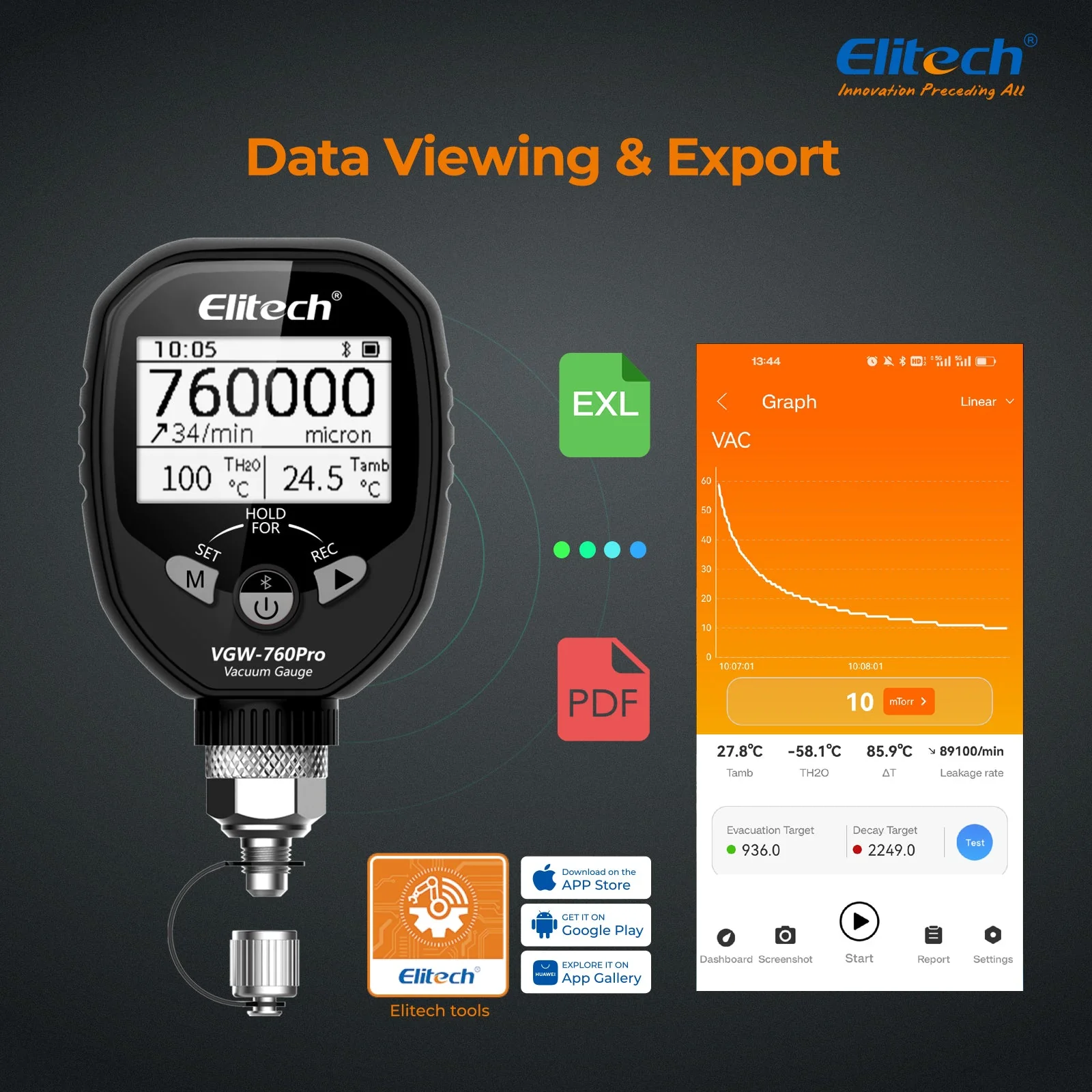 Elitech Full-Range Micron Gauge, Wireless Digital Vacuum Gauge with Adaptor Pressure Tester Meter HVAC, Alarms via APP, Offline Recording, 1/4" SAE, VGW-760Pro - Image 3