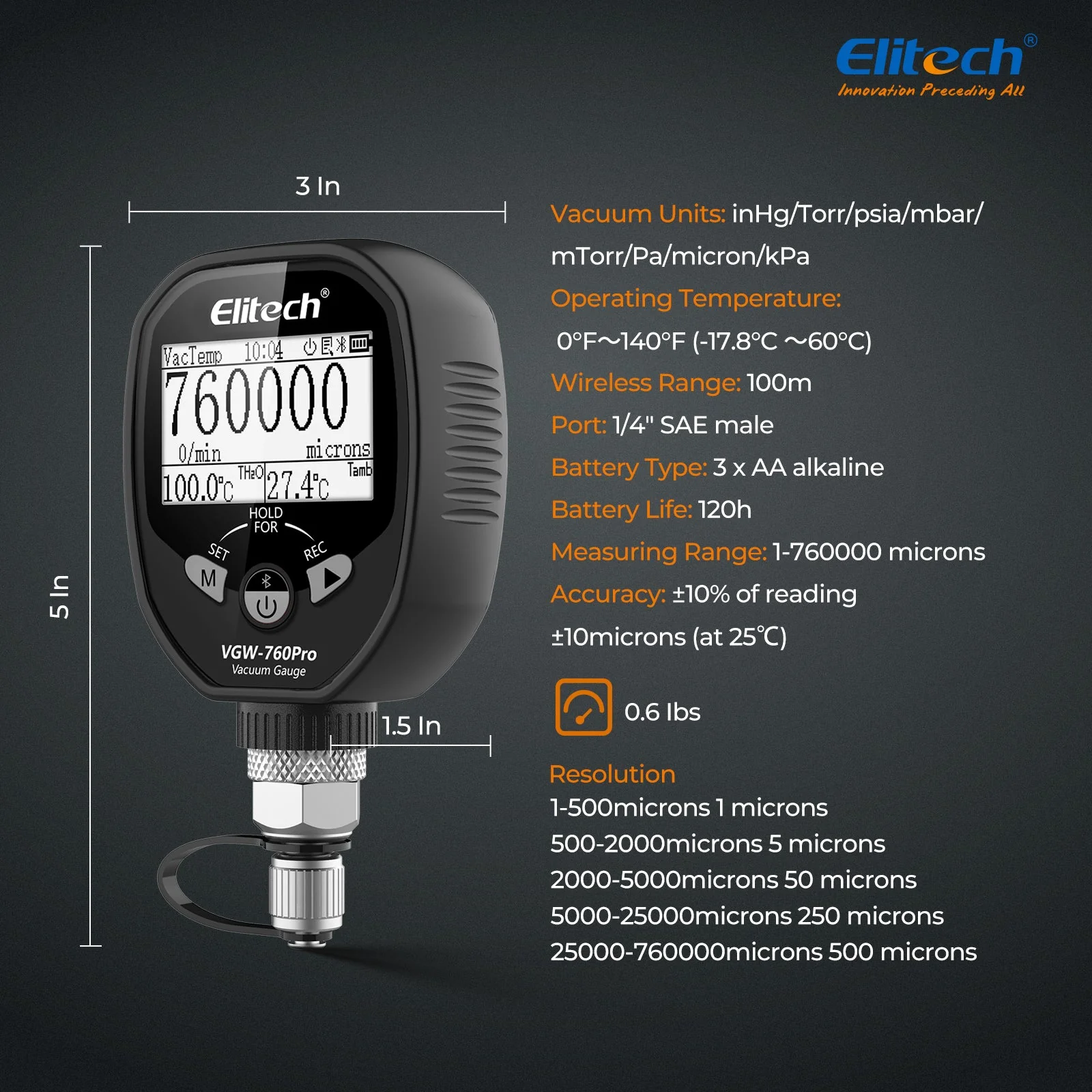 Elitech Full-Range Micron Gauge, Wireless Digital Vacuum Gauge with Adaptor Pressure Tester Meter HVAC, Alarms via APP, Offline Recording, 1/4" SAE, VGW-760Pro - Image 5