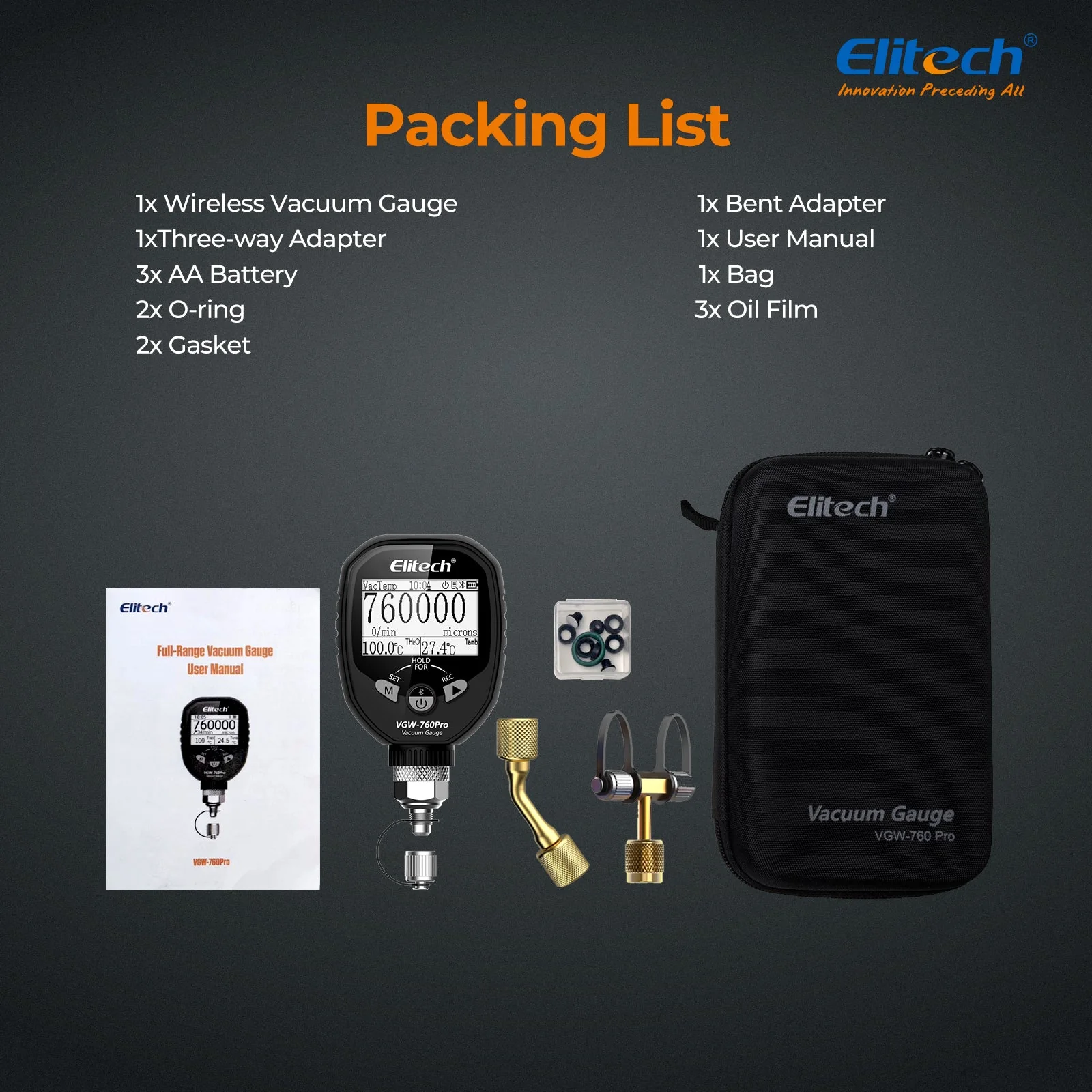 Elitech Full-Range Micron Gauge, Wireless Digital Vacuum Gauge with Adaptor Pressure Tester Meter HVAC, Alarms via APP, Offline Recording, 1/4" SAE, VGW-760Pro - Image 6
