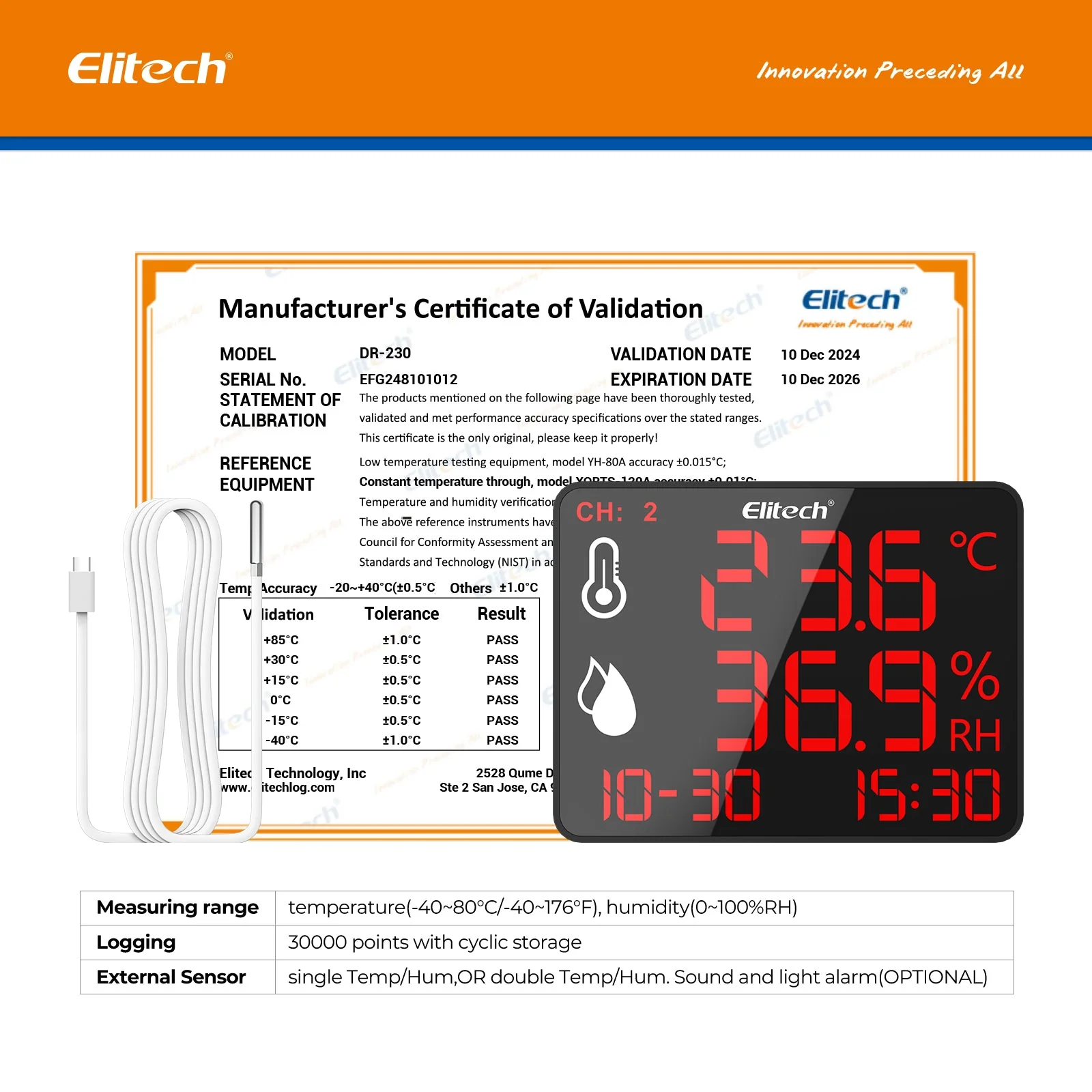 Elitech High Accuracy Digital Hygrometer Thermometer Data Logger 30000 Points, Humidity Temperature Monitor With Calibration Certificate for Audit, For Greenhouse/ Warehouse/ Lab/ Hospital DR-230/DR-230W - Image 5