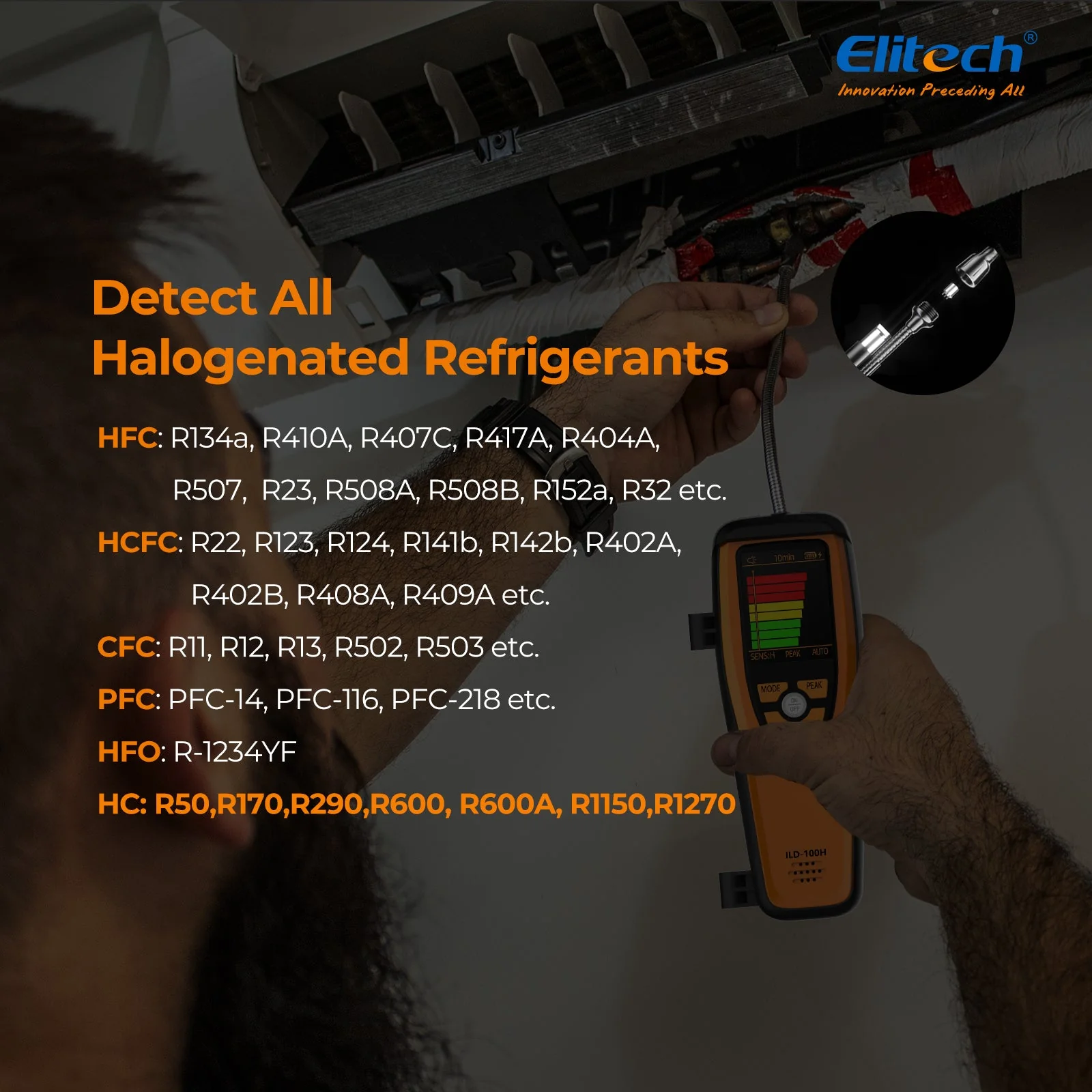 Elitech HVAC Refrigerant Leak Detector Heated Diode Sensor Life Halogen Freon Sniffer, Air Conditioning Detection, Automotive Gas Finder, R22 R410A R134A R1234YF CFCs HCFCs HFCs, ILD-100H - Image 4