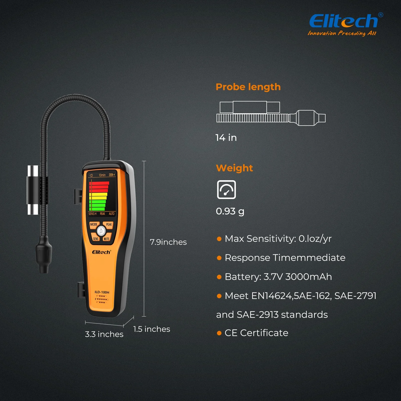 Elitech HVAC Refrigerant Leak Detector Heated Diode Sensor Life Halogen Freon Sniffer, Air Conditioning Detection, Automotive Gas Finder, R22 R410A R134A R1234YF CFCs HCFCs HFCs, ILD-100H - Image 6