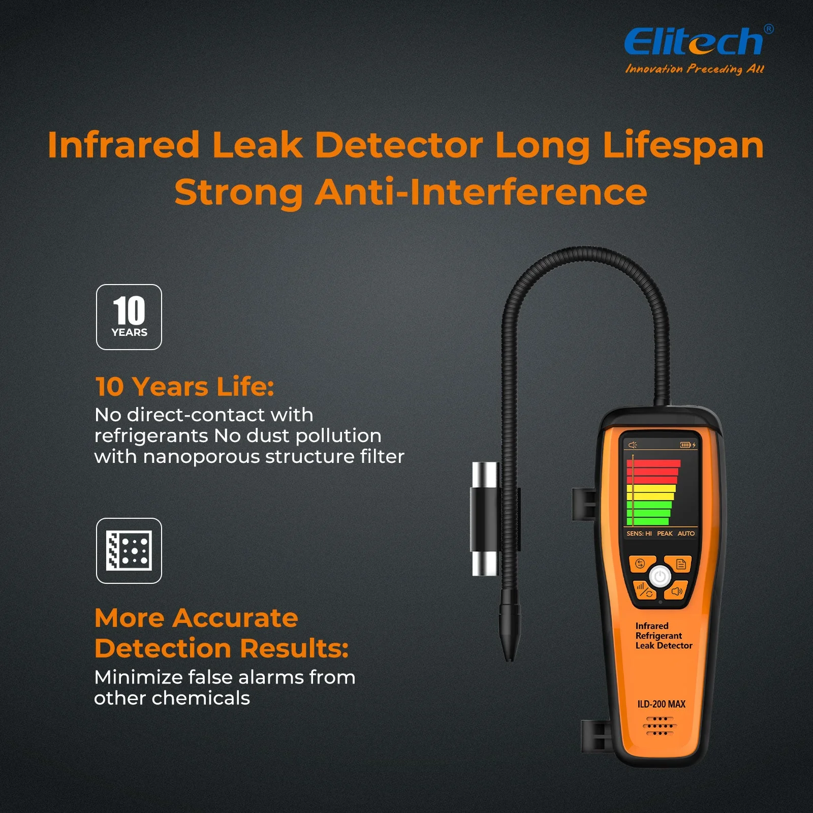 Elitech Infrared Refrigerant Leak Detector ILD-200 max High-Precision HVAC/R Leak Detection, 10-Year Sensor Lifetime, 1g/a Ultra-Low Detection, 4 Sensitivity Levels, Rechargeable Battery, TFT Display & Sound Alarm - Image 3