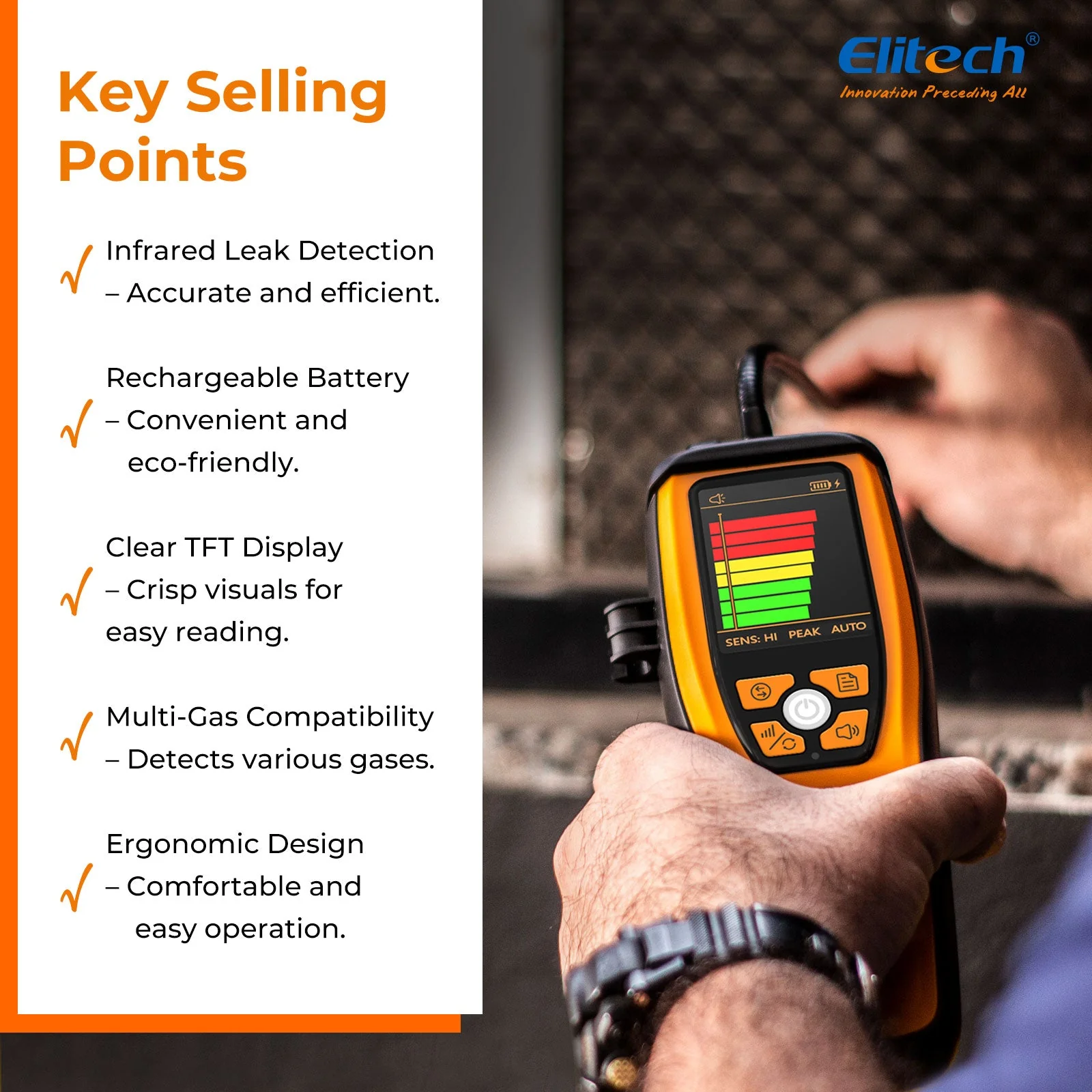 Elitech Infrared Refrigerant Leak Detector ILD-200 max High-Precision HVAC/R Leak Detection, 10-Year Sensor Lifetime, 1g/a Ultra-Low Detection, 4 Sensitivity Levels, Rechargeable Battery, TFT Display & Sound Alarm - Image 5