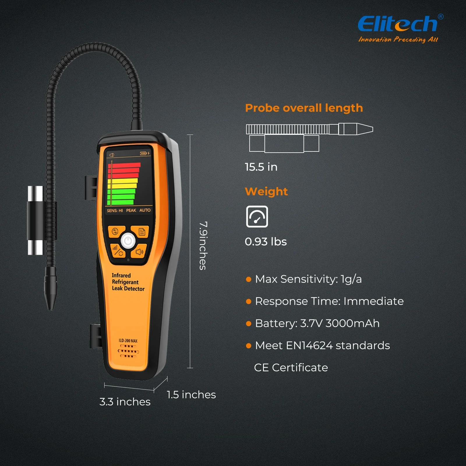 Elitech Infrared Refrigerant Leak Detector ILD-200 max High-Precision HVAC/R Leak Detection, 10-Year Sensor Lifetime, 1g/a Ultra-Low Detection, 4 Sensitivity Levels, Rechargeable Battery, TFT Display & Sound Alarm - Image 6