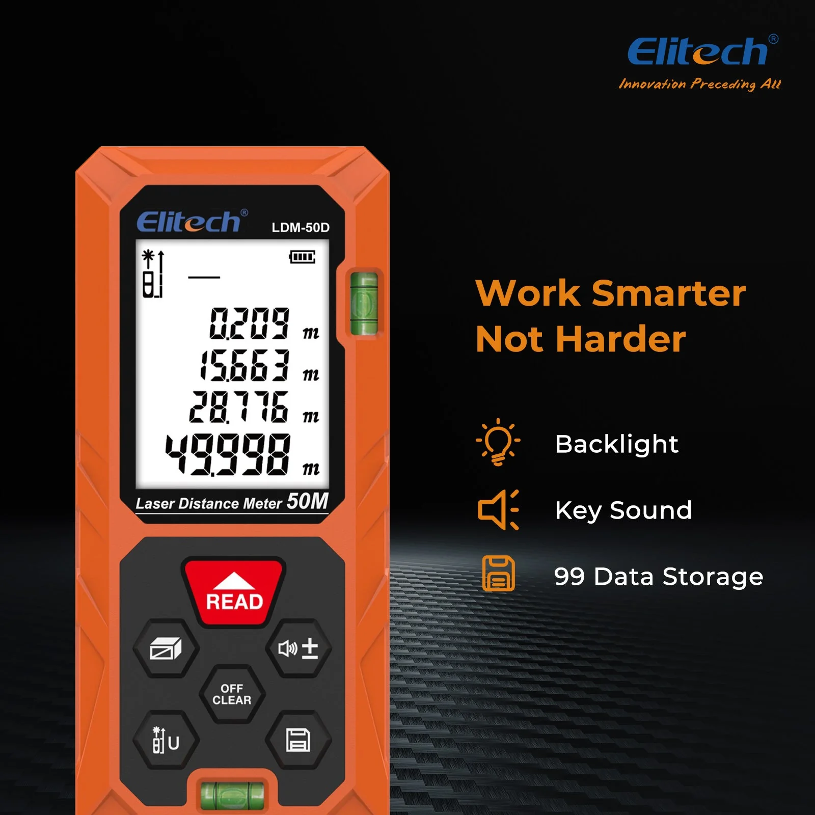 Elitech Laser Distance Meter 165ft, Digital Measure Tool with Area/Volume/Pythagoras Mode, Backlit LCD, 99 Data Records, ±2mm Accuracy, Ft/In/M Unit Switch, Ideal for Home DIY & Interior Design – LDM-50D - Image 3