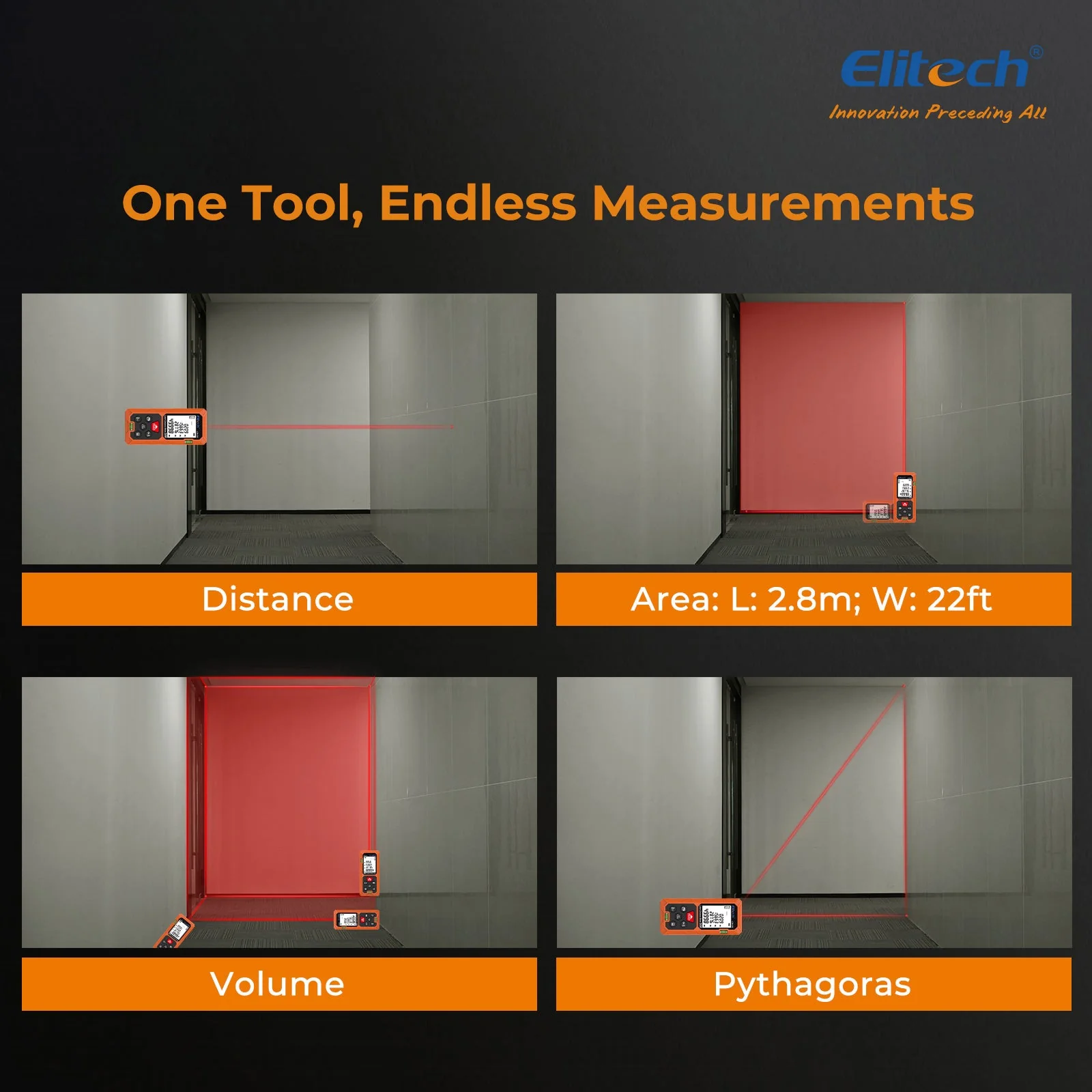 Elitech Laser Distance Meter 165ft, Digital Measure Tool with Area/Volume/Pythagoras Mode, Backlit LCD, 99 Data Records, ±2mm Accuracy, Ft/In/M Unit Switch, Ideal for Home DIY & Interior Design – LDM-50D - Image 4