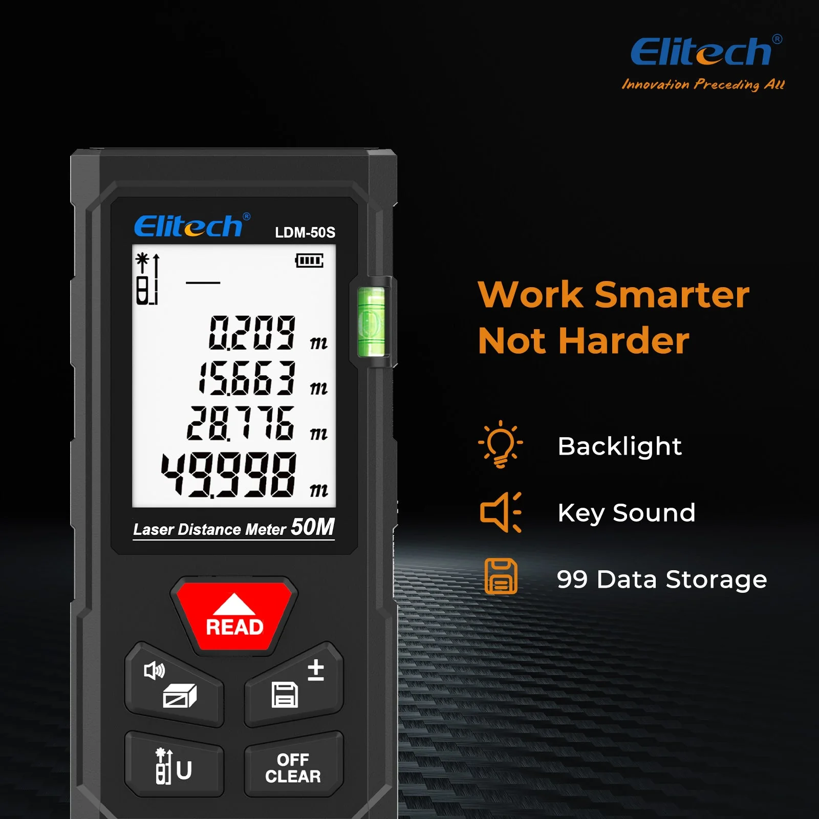 Elitech LDM-50S Laser Distance Meter, 165ft Digital Measure Tool ±2mm Accuracy, Area/Volume/Pythagoras Modes, Backlit LCD, 99 Records, Unit Switch – for Home & DIY - Image 3