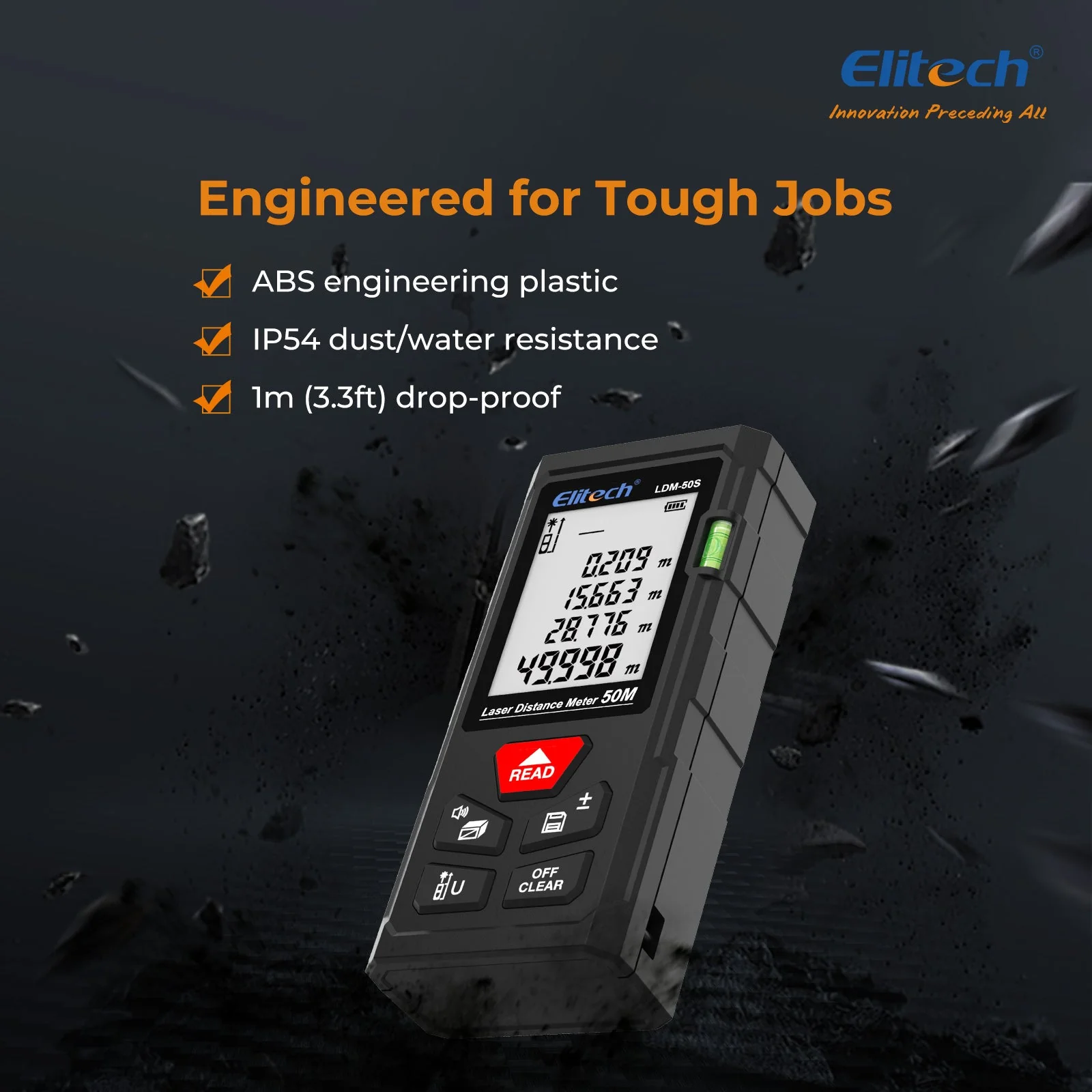 Elitech LDM-50S Laser Distance Meter, 165ft Digital Measure Tool ±2mm Accuracy, Area/Volume/Pythagoras Modes, Backlit LCD, 99 Records, Unit Switch – for Home & DIY - Image 5
