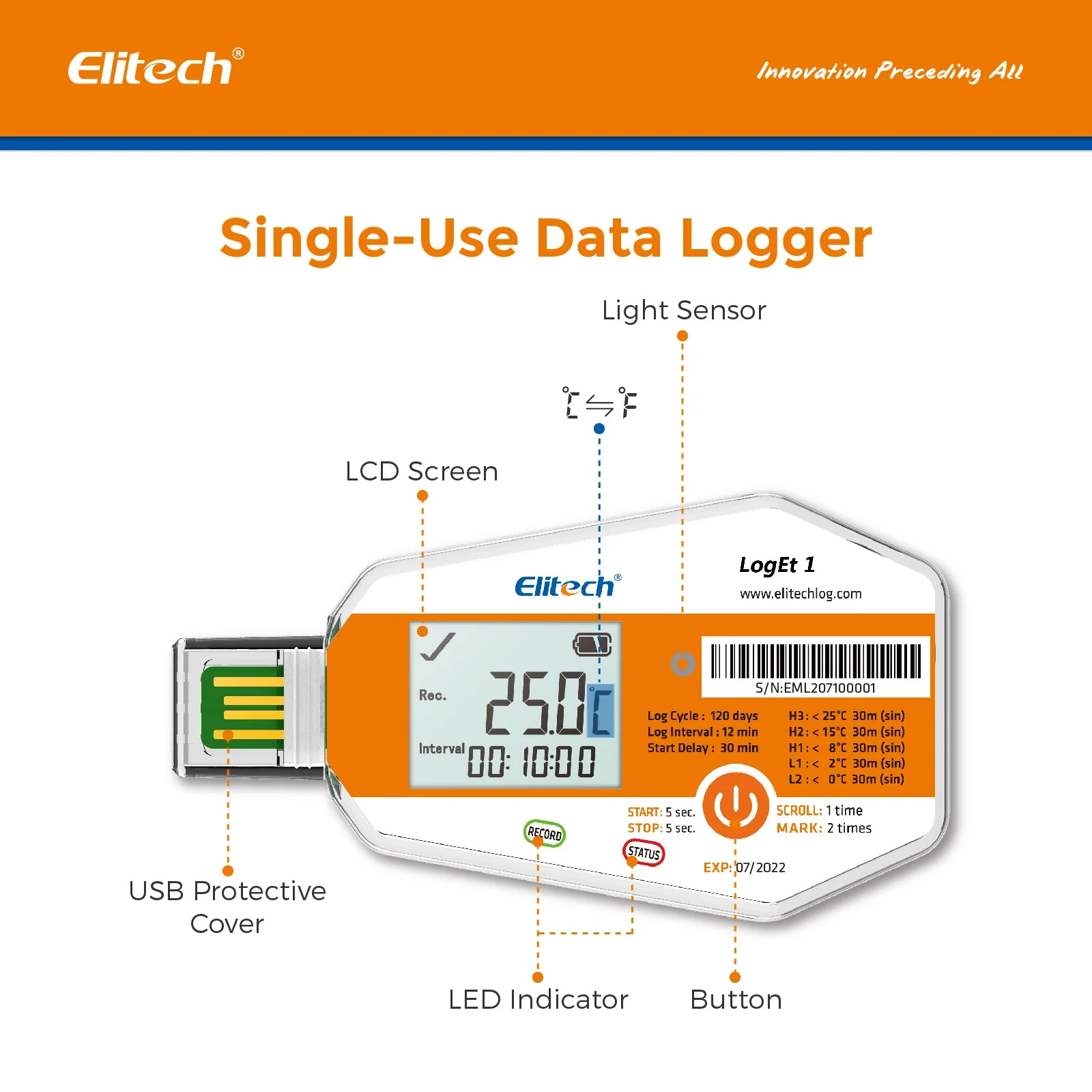 Elitech LogEt 1 Temperature Data Logger Single Use PDF Report USB Port 16000 Points，-30℃-70℃/-22℉-158℉ - Image 4