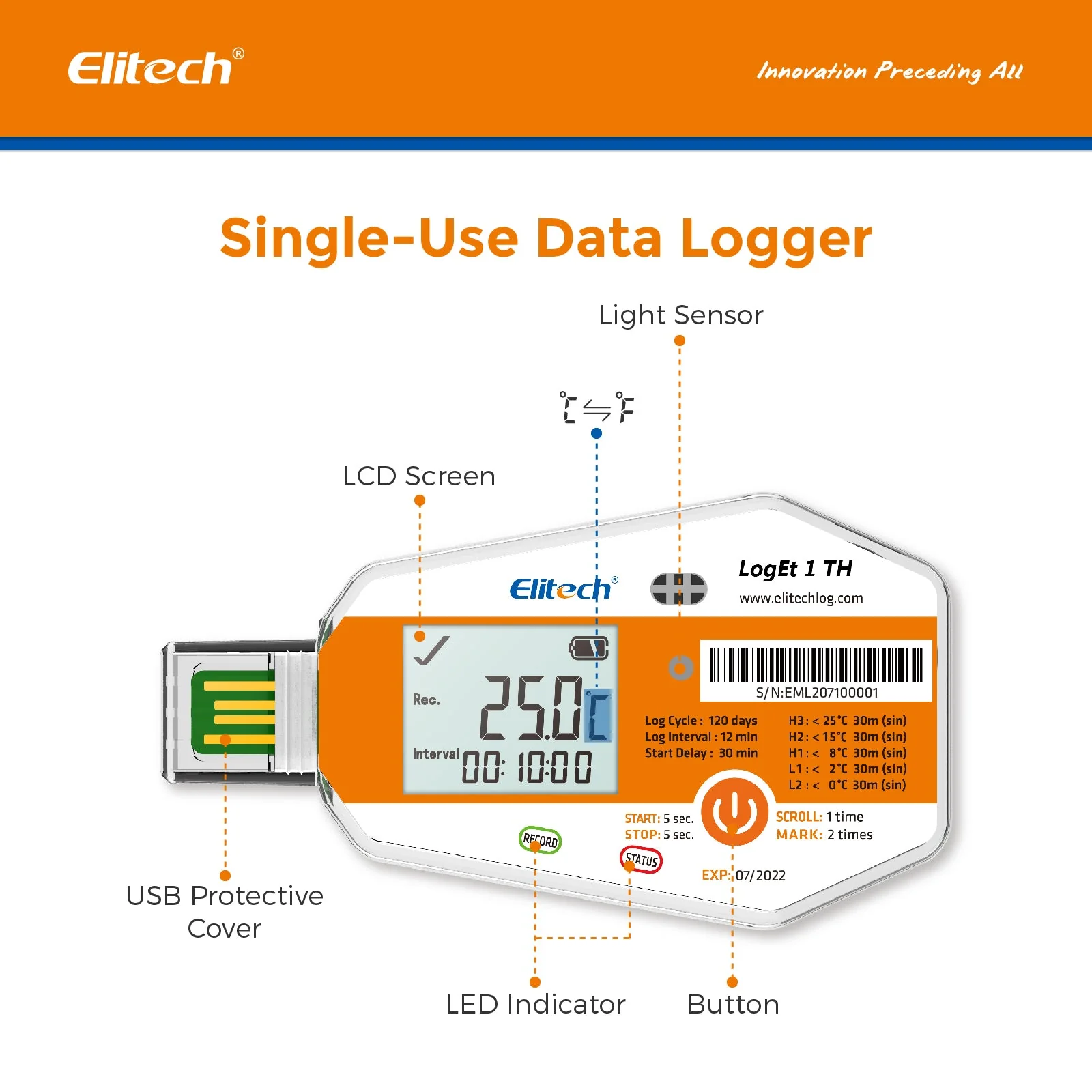 Elitech LogEt 1 TH Single Use Temperature and Humidity Data Logger,-30℃-70℃/-22℉-158℉ - Image 4
