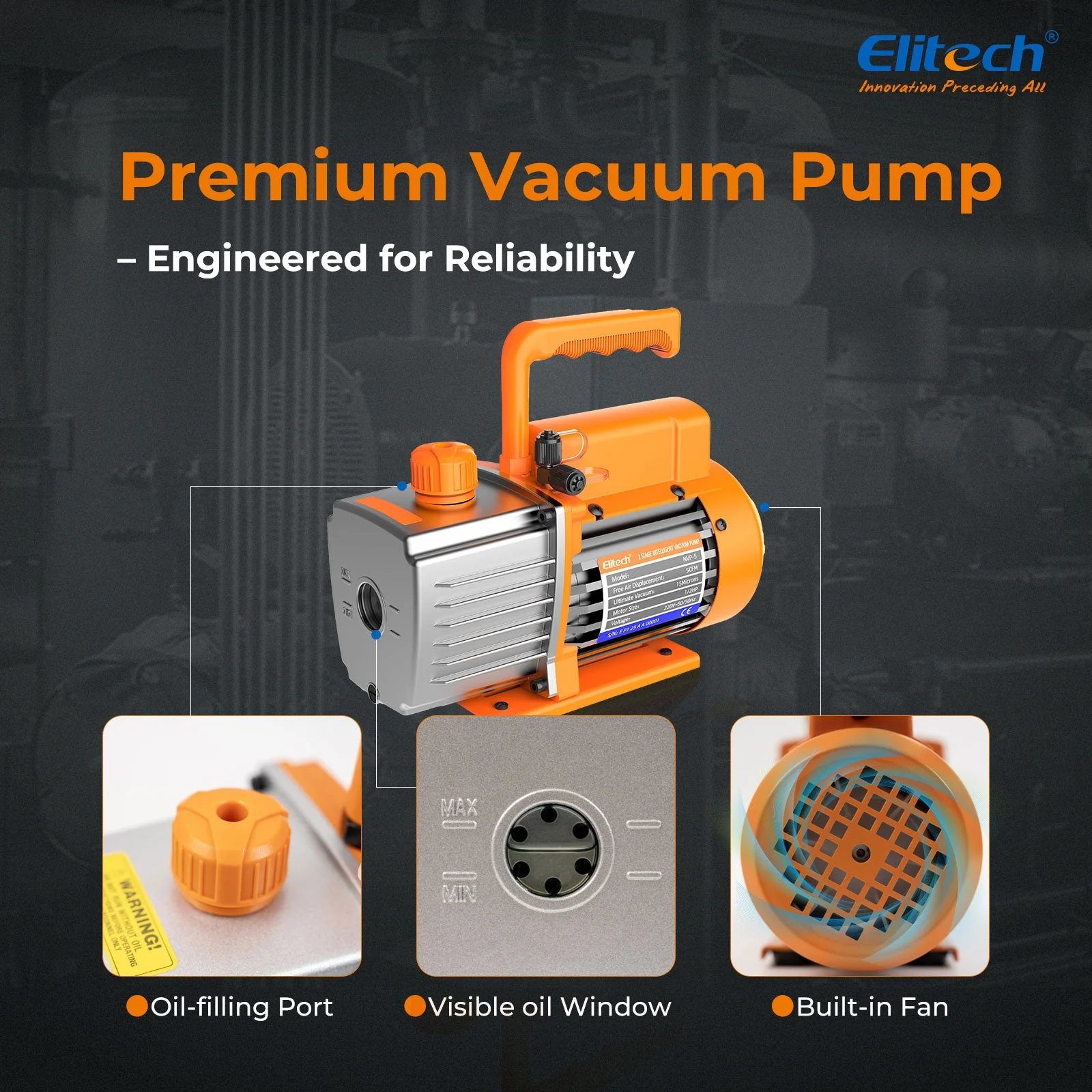 Elitech NVP-5 HVAC Vacuum Pump 5CFM 2L/S 1/3HP Single Stage Rotary Vane Air Vacuum Pump for HVAC and Refrigeration Systems,  Durable and Easy to Maintain - Image 3