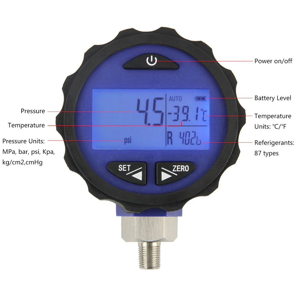 Elitech PG-30Pro Blue Digital AC Pressure Gauge -14.5~500 PSI - Image 3