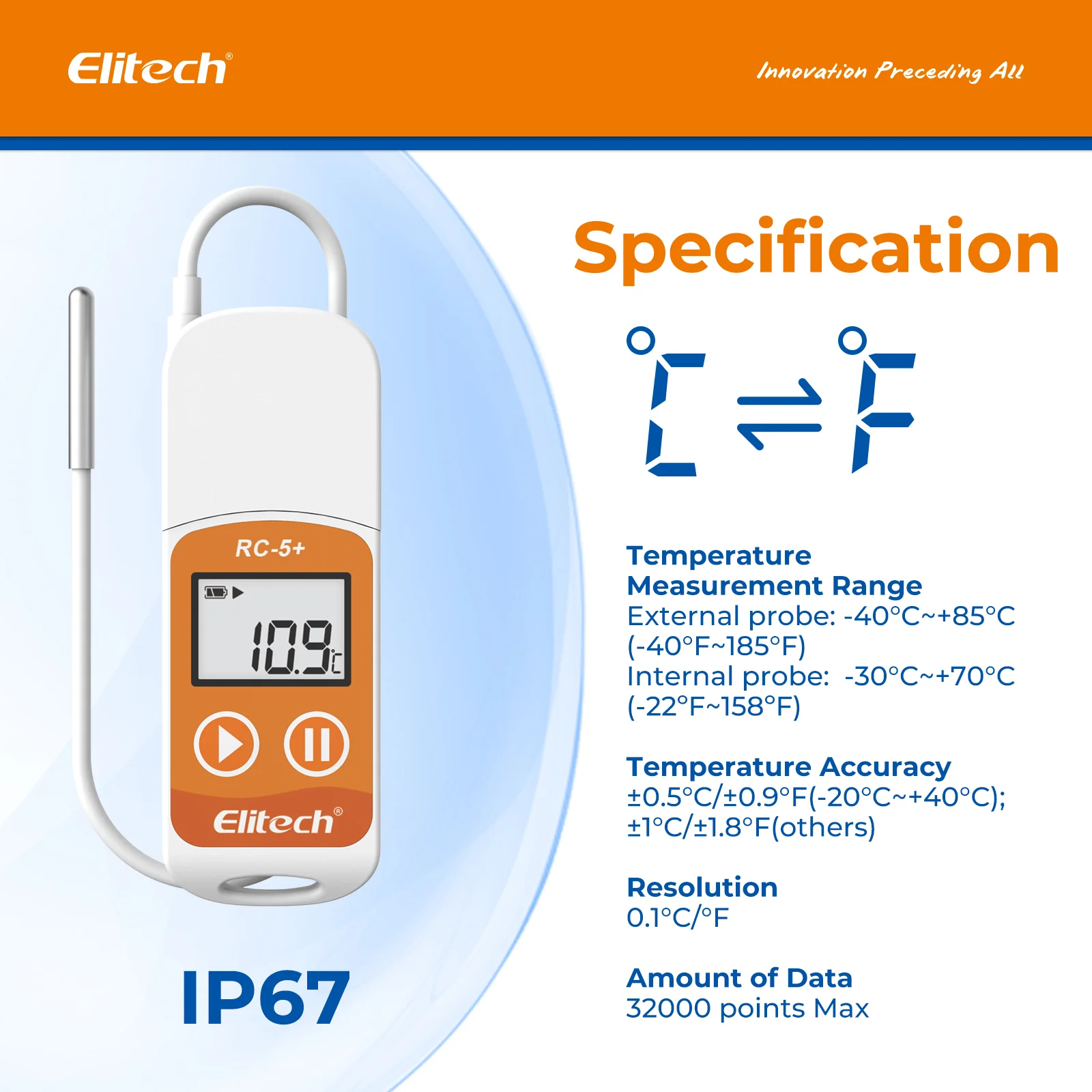 Elitech RC-5+ TE PDF USB Reusable Temperature Data Logger Internal Sensor External Probe -22℉~158℉ - Image 4