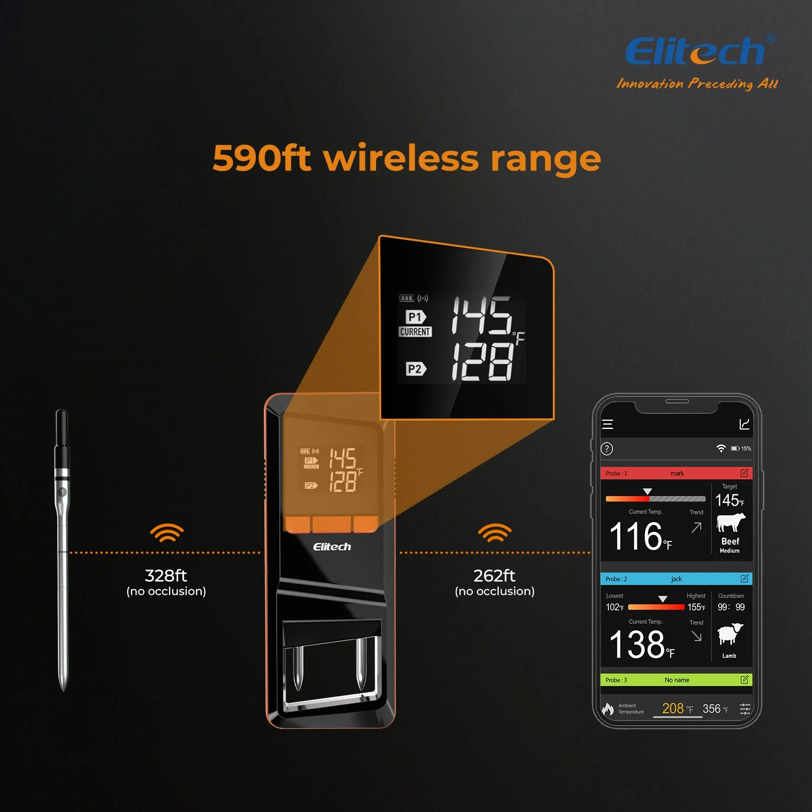 Elitech WMT-20 Wireless Smart Meat Thermometer, Dual-Probe Bluetooth Grill Thermometer with LCD Display and ToGrill App, for Oven, BBQ, Kitchen, and Outdoor Cooking, - Image 7