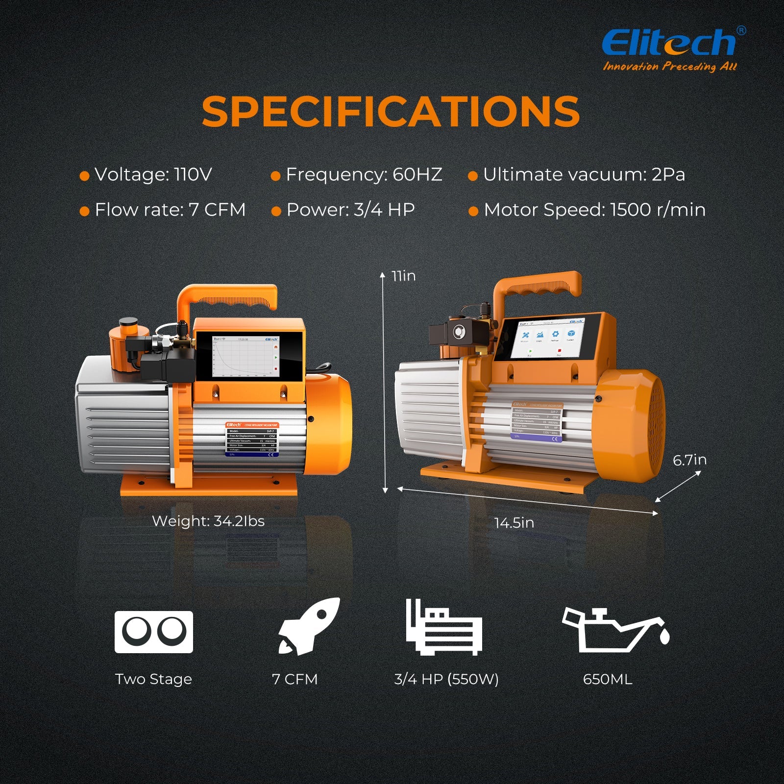 Elitech Intelligent HVAC Vacuum Pump 7 CFM 2 Stage Vacuum Gauge App Control, SVP-7 - Image 7