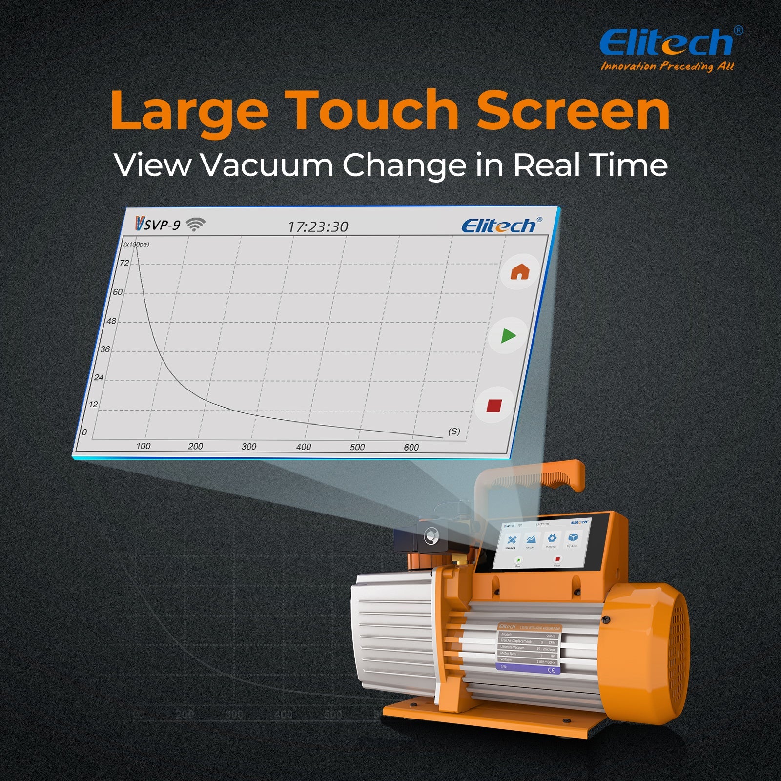 Elitech SVP-9 Intelligent 1HP Vacuum Pump 9 CFM 2 Stage HVAC Refrigerant Recharging, Touch Screen, Data Logging and Storage via App - Image 3