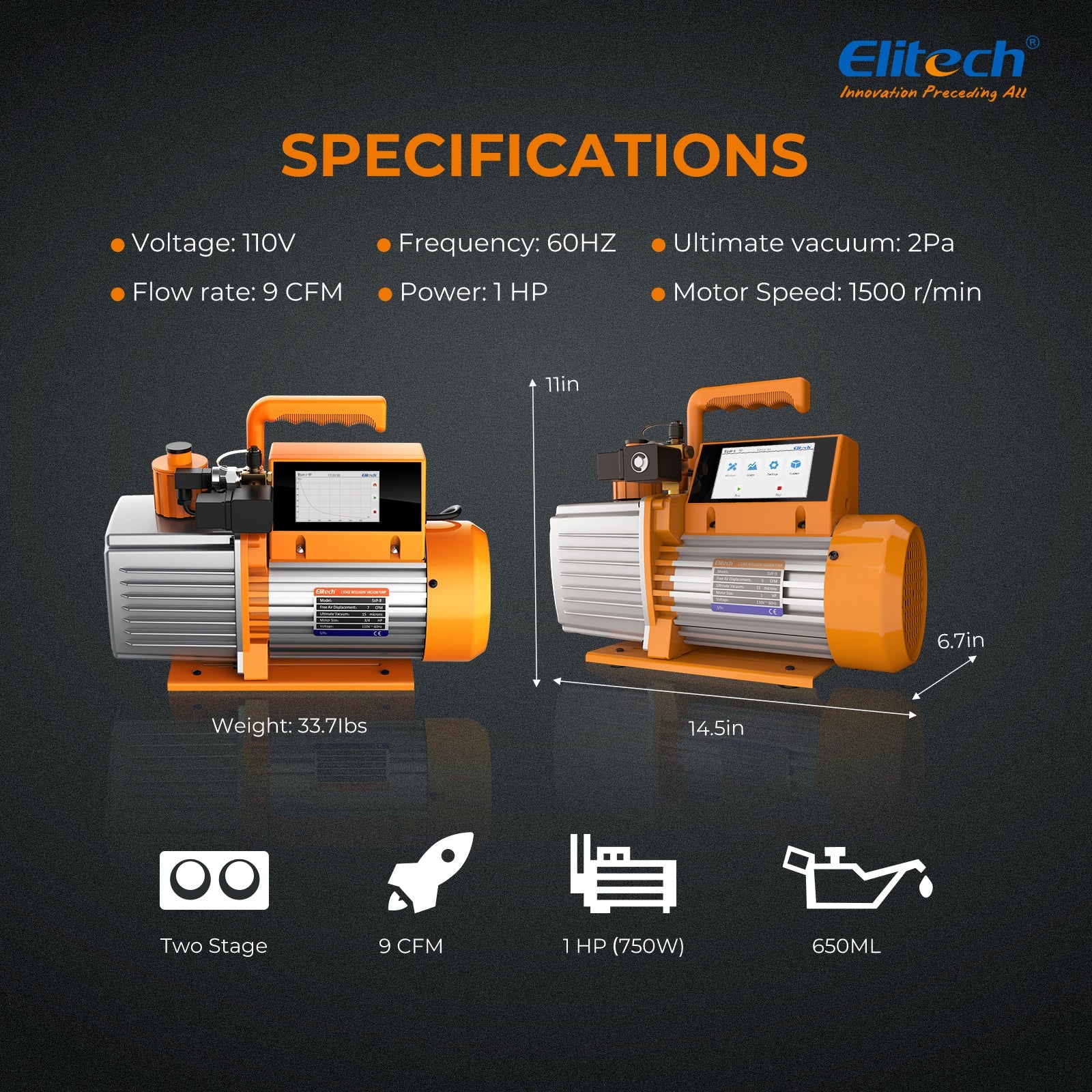 Elitech SVP-9 Intelligent 1HP Vacuum Pump 9 CFM 2 Stage HVAC Refrigerant Recharging, Touch Screen, Data Logging and Storage via App - Image 7